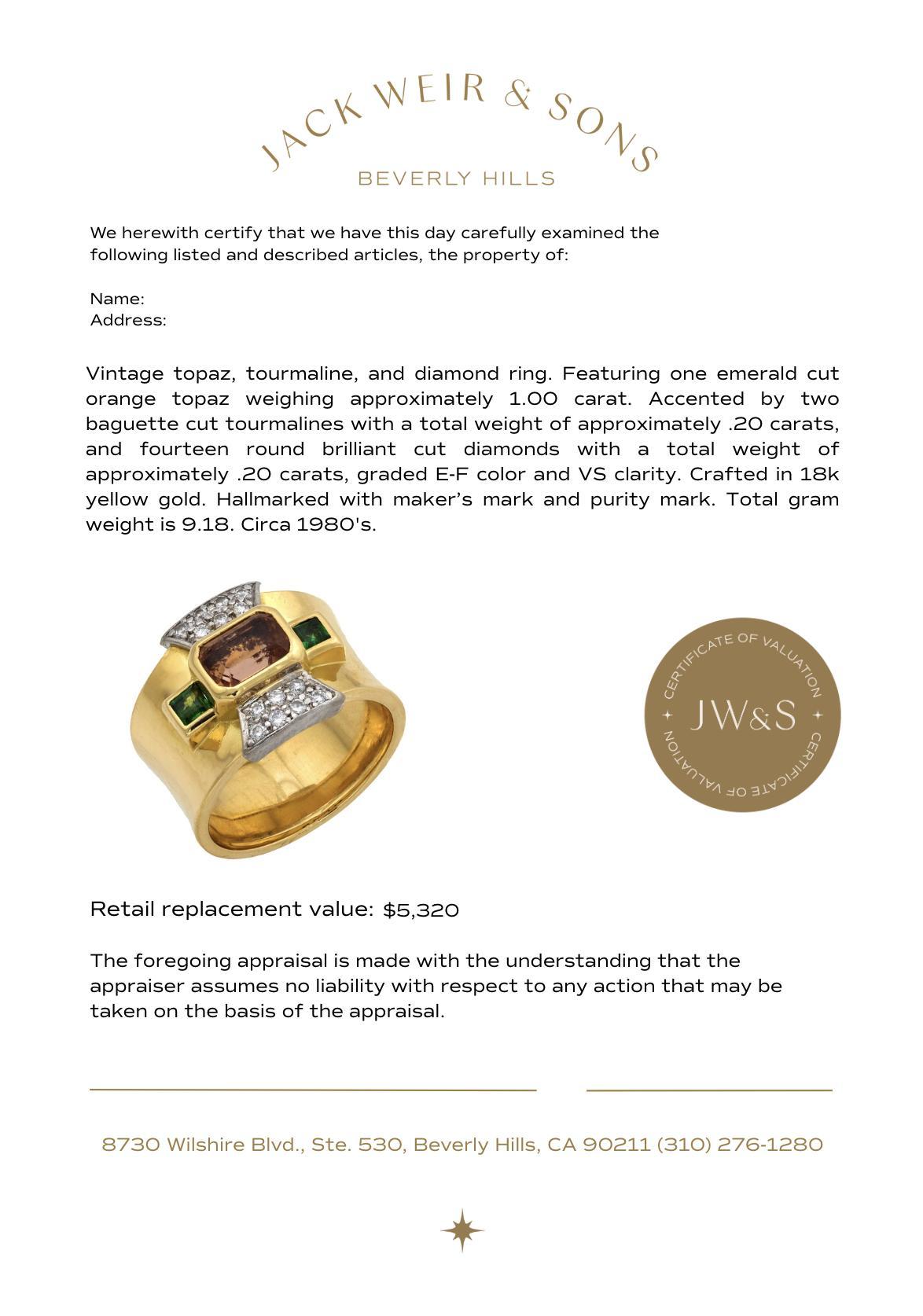 Anillo de cóctel vintage de oro amarillo de 18k con topacio, turmalina y diamante de 1 quilate en Bueno estado para la venta en Beverly Hills, CA
