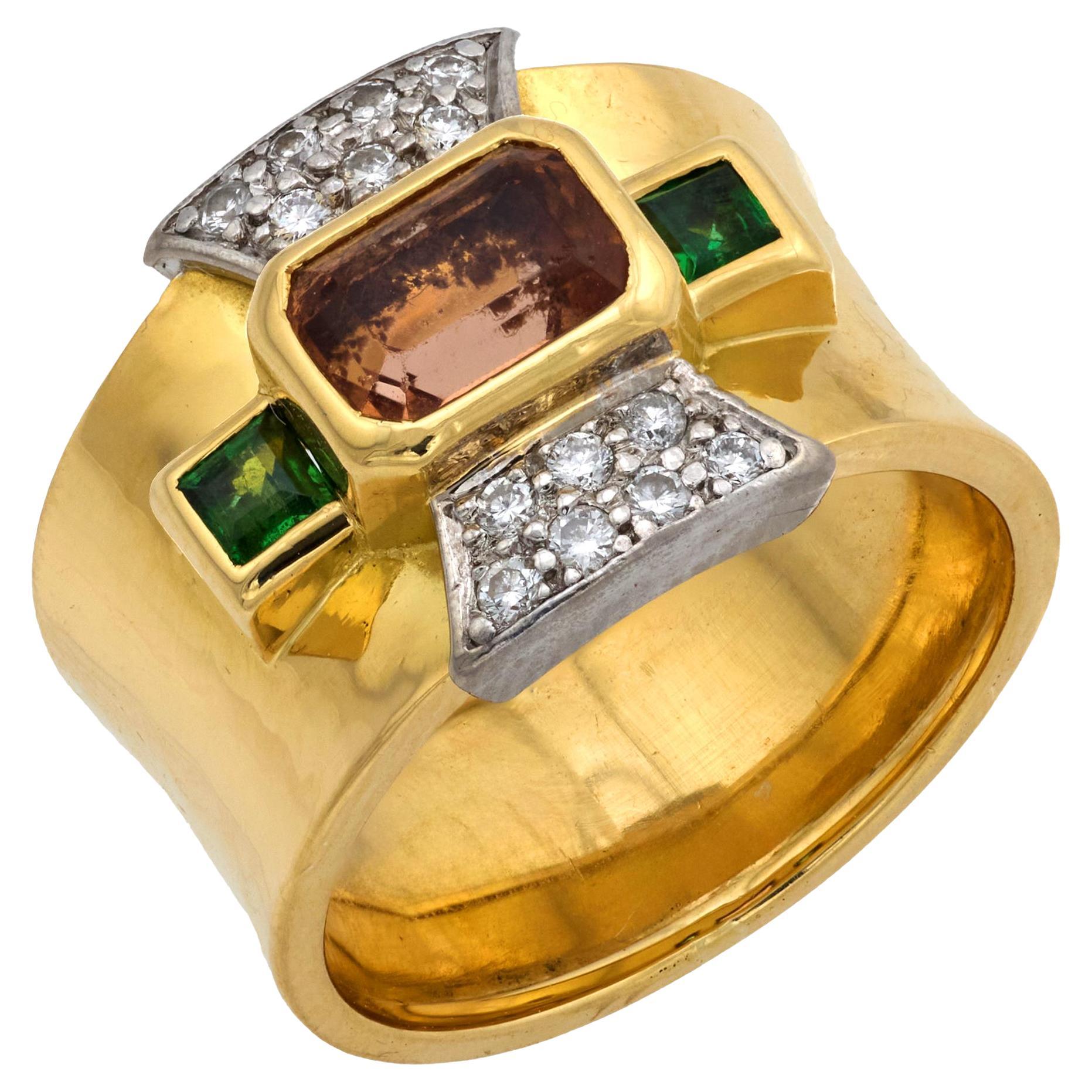 Anillo de cóctel vintage de oro amarillo de 18k con topacio, turmalina y diamante de 1 quilate en venta