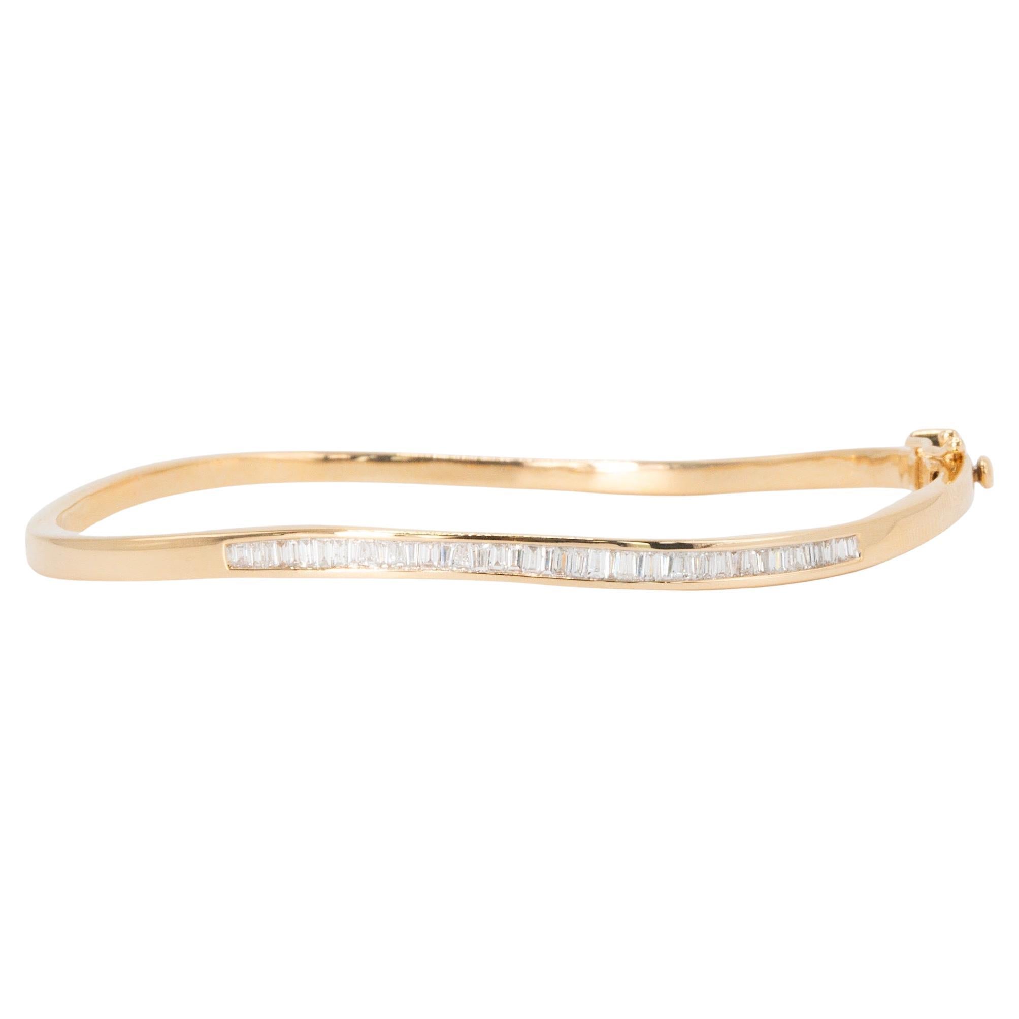 Vintage 1 CTW Baguette Cut Diamond Bangle in 14K Yellow Gold For Sale
