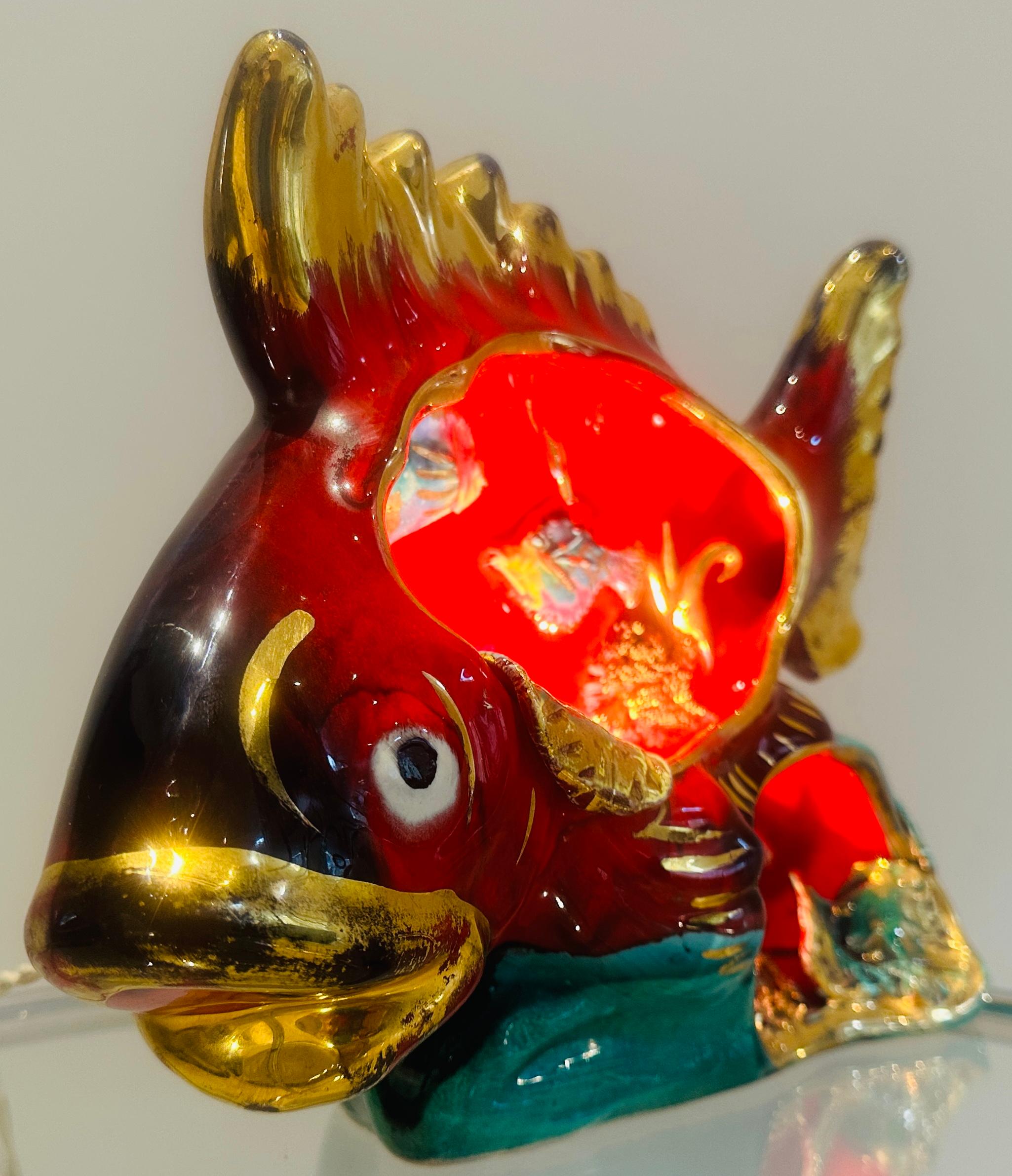 Mid-Century Modern Vintage 1960s French Vallauris Ceramic Red & Gold Glazed Fish Table Lamp For Sale