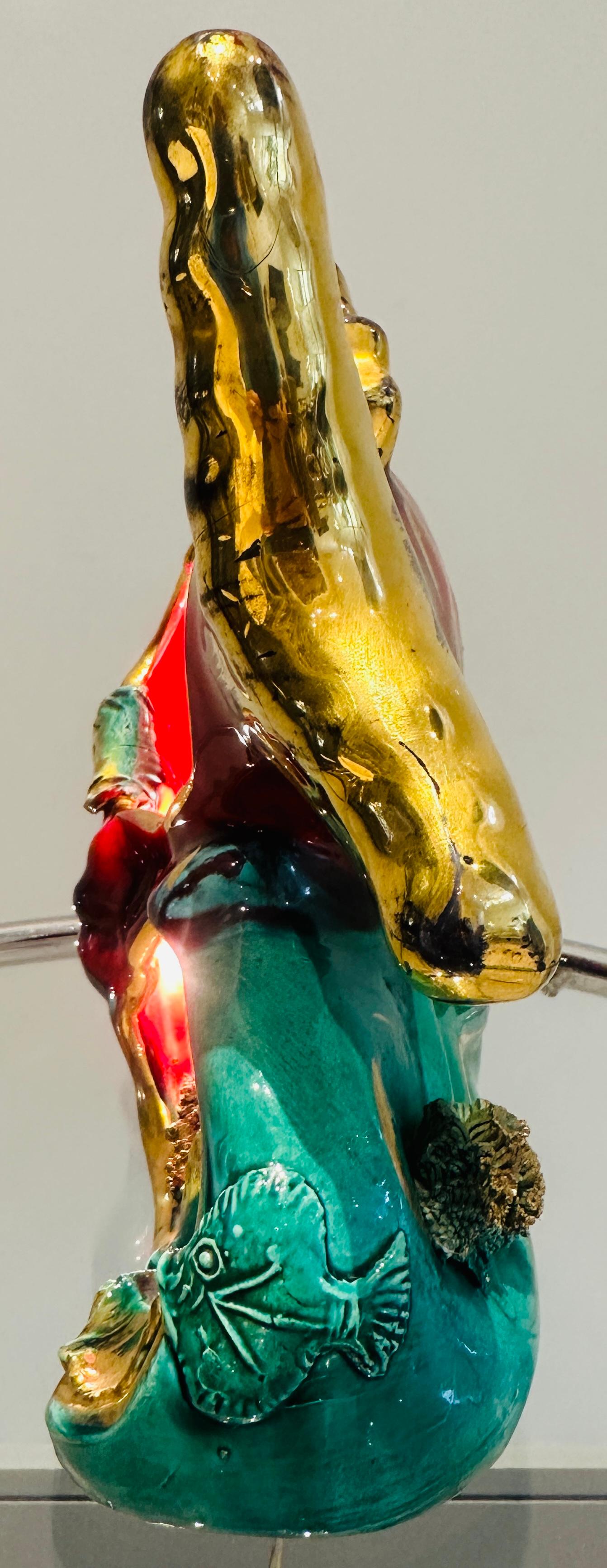 20th Century Vintage 1960s French Vallauris Ceramic Red & Gold Glazed Fish Table Lamp For Sale