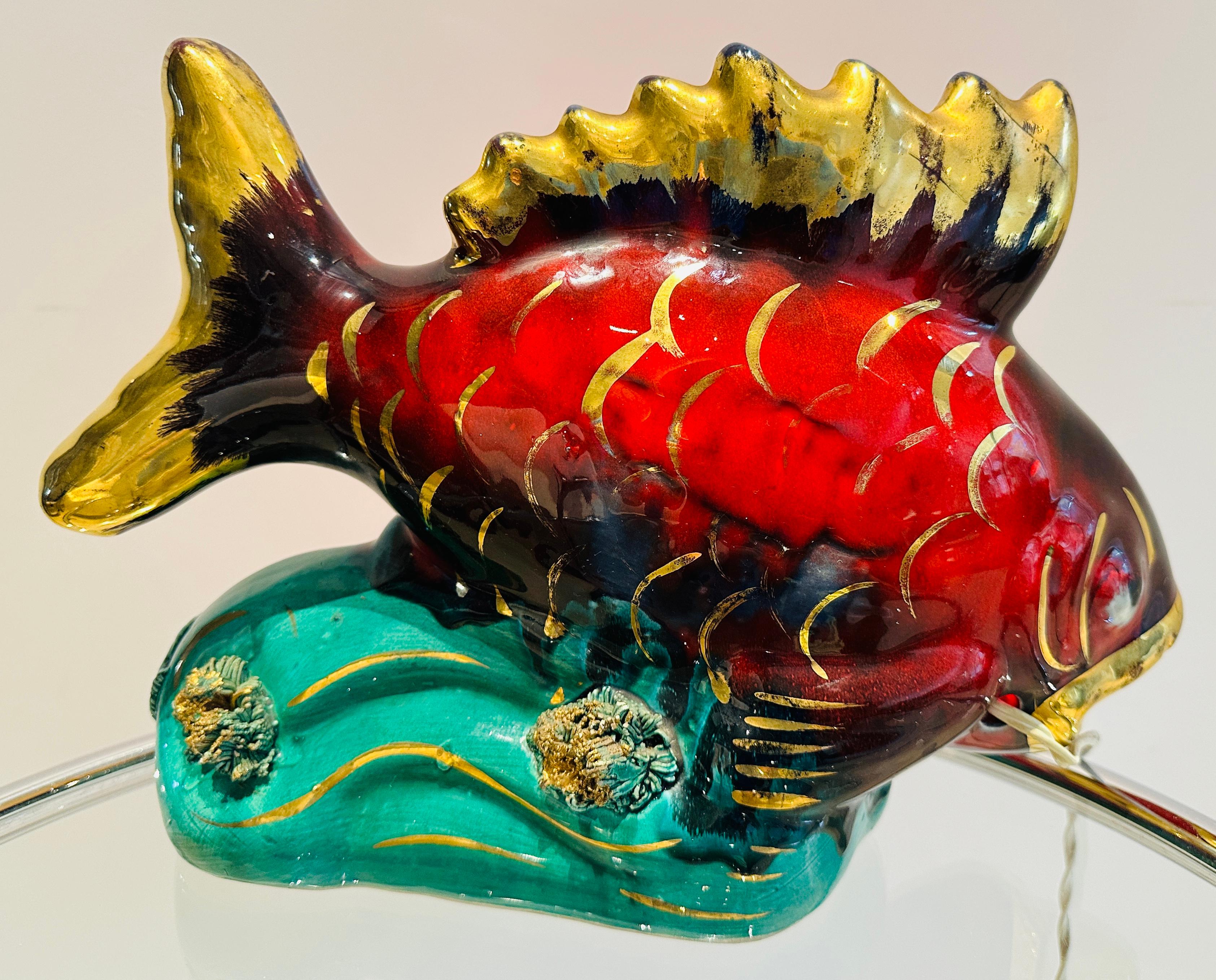 Vintage 1960s French Vallauris Ceramic Red & Gold Glazed Fish Table Lamp For Sale 1