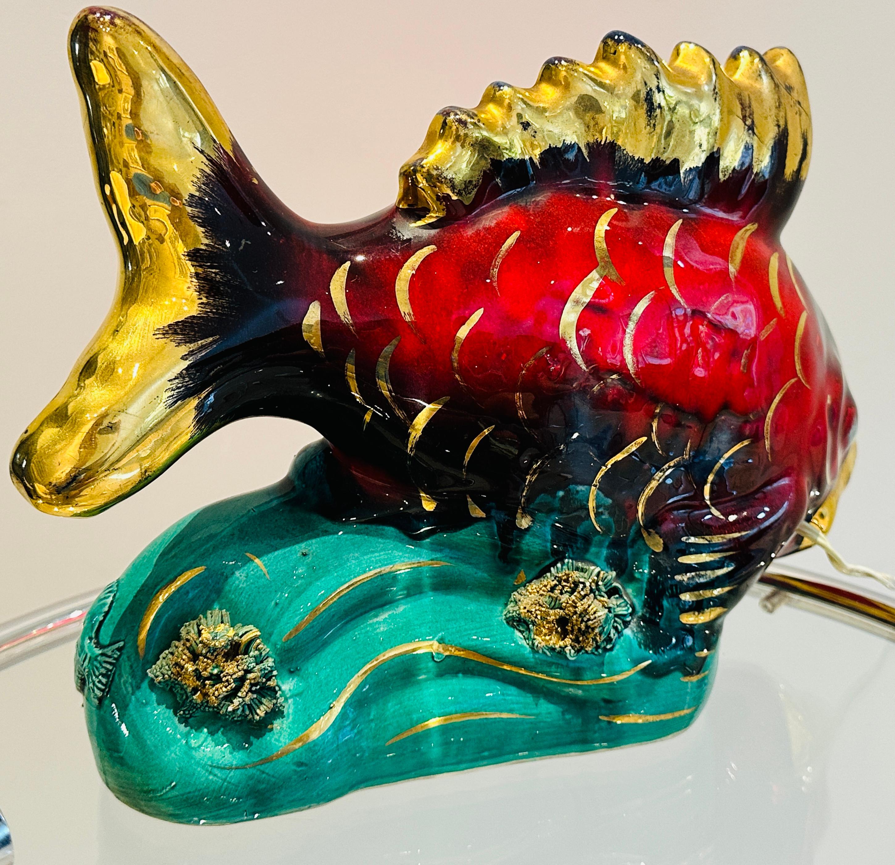 Vintage 1960s French Vallauris Ceramic Red & Gold Glazed Fish Table Lamp For Sale 2