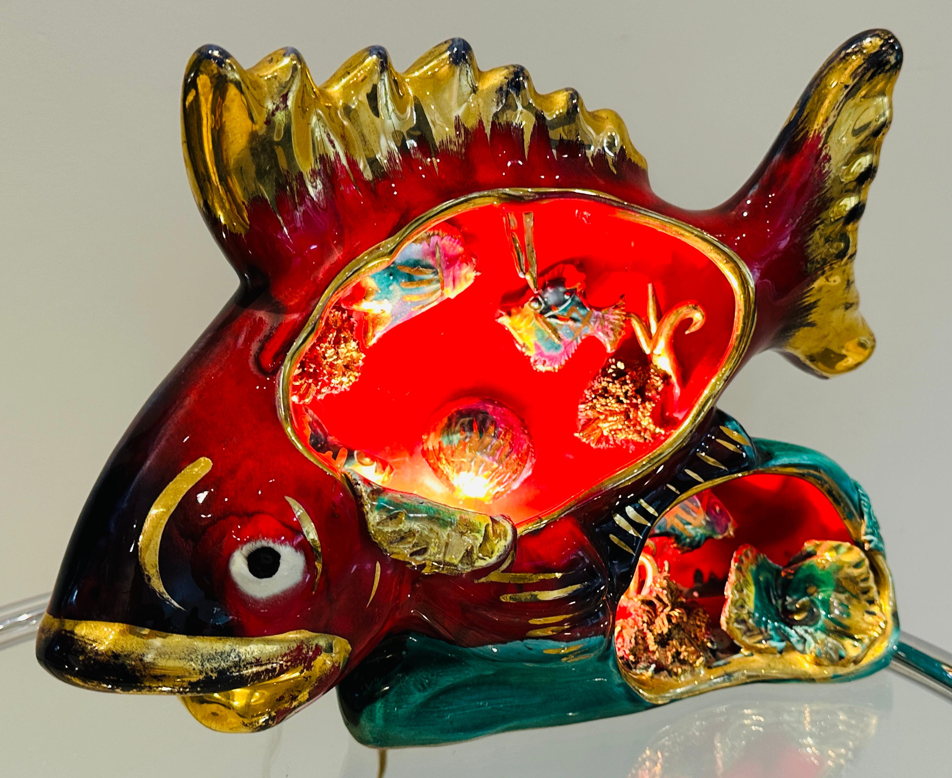 Vintage 1960s French Vallauris Ceramic Red & Gold Glazed Fish Table Lamp For Sale 3
