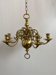 Vintage 1 Tier 17th Century Candle Dutch Brass Chandelier 6 Lights H40xW45