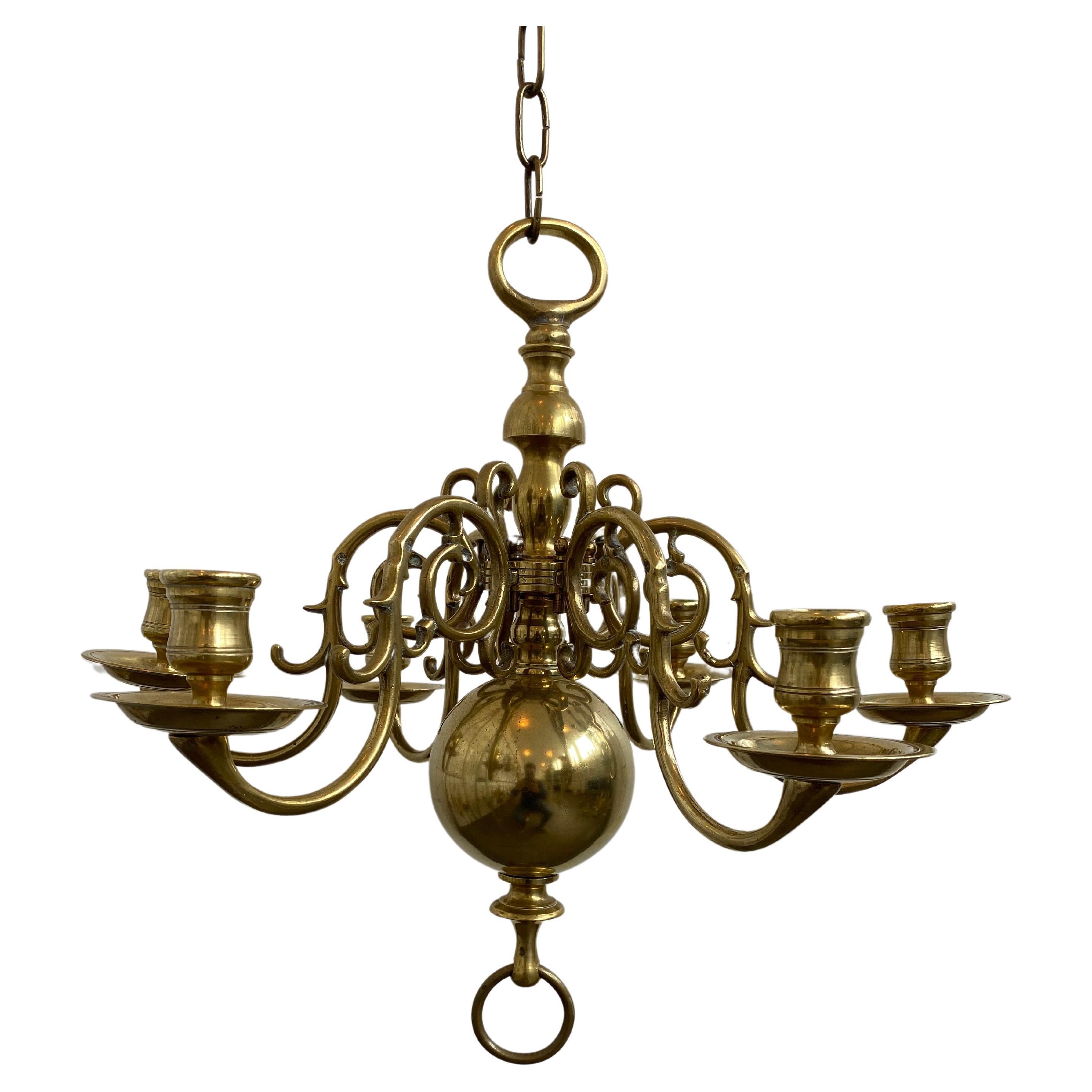 Vintage 1 Tier 17th Century Candle Dutch Brass Chandelier 6 Lights H40xW45 For Sale