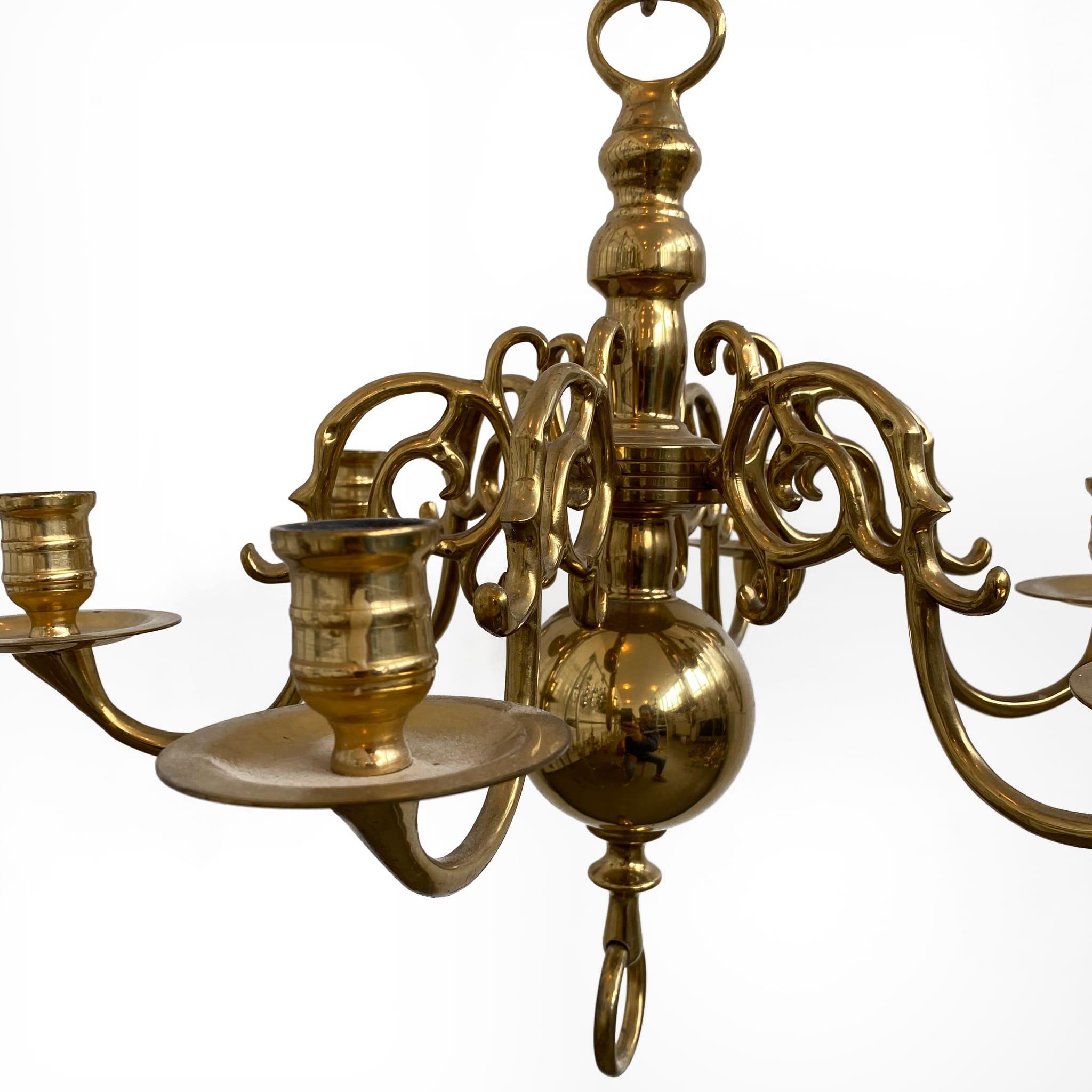 Cast Vintage 1 Tier 17th Century Candle Dutch Brass Chandelier 6 Lights H45xW50 For Sale