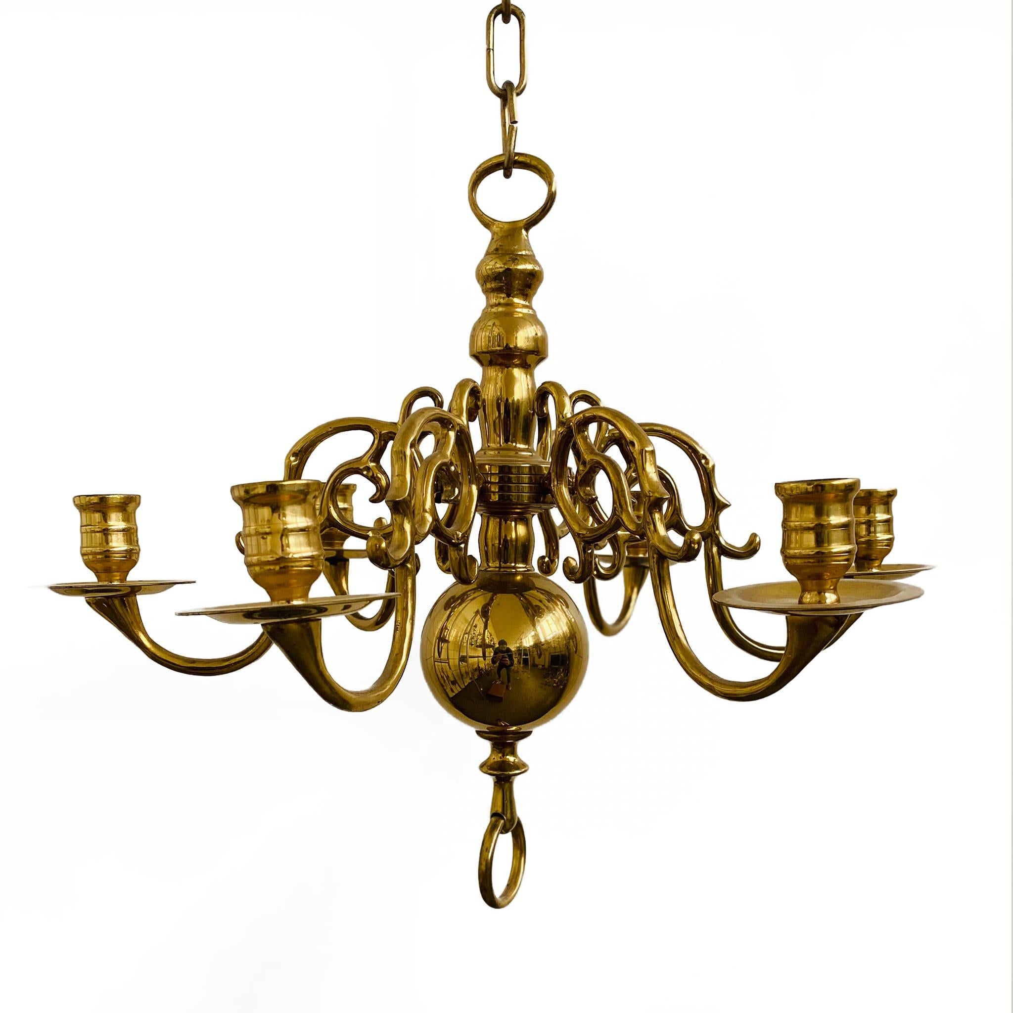 Vintage 1 Tier 17th Century Candle Dutch Brass Chandelier 6 Lights H45xW50 For Sale 1