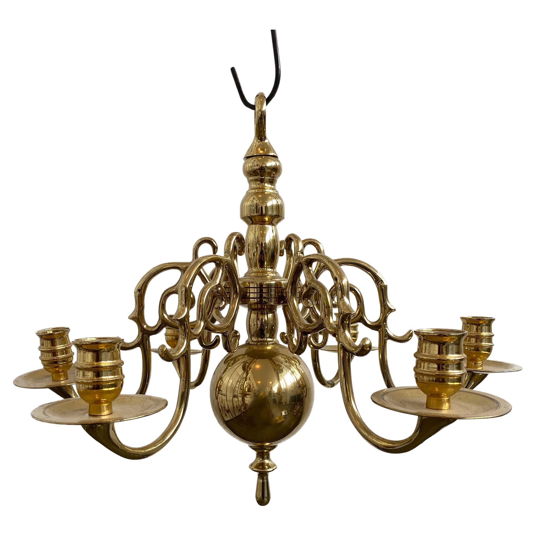 Vintage 1 Tier 17th Century Candle Dutch Brass Chandelier 6 Lights H45xW50 For Sale