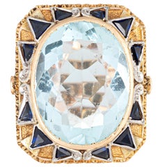 Vintage 10 Carat Aquamarine Sapphire Ring 18 Karat Gold Square Antique Jewelry