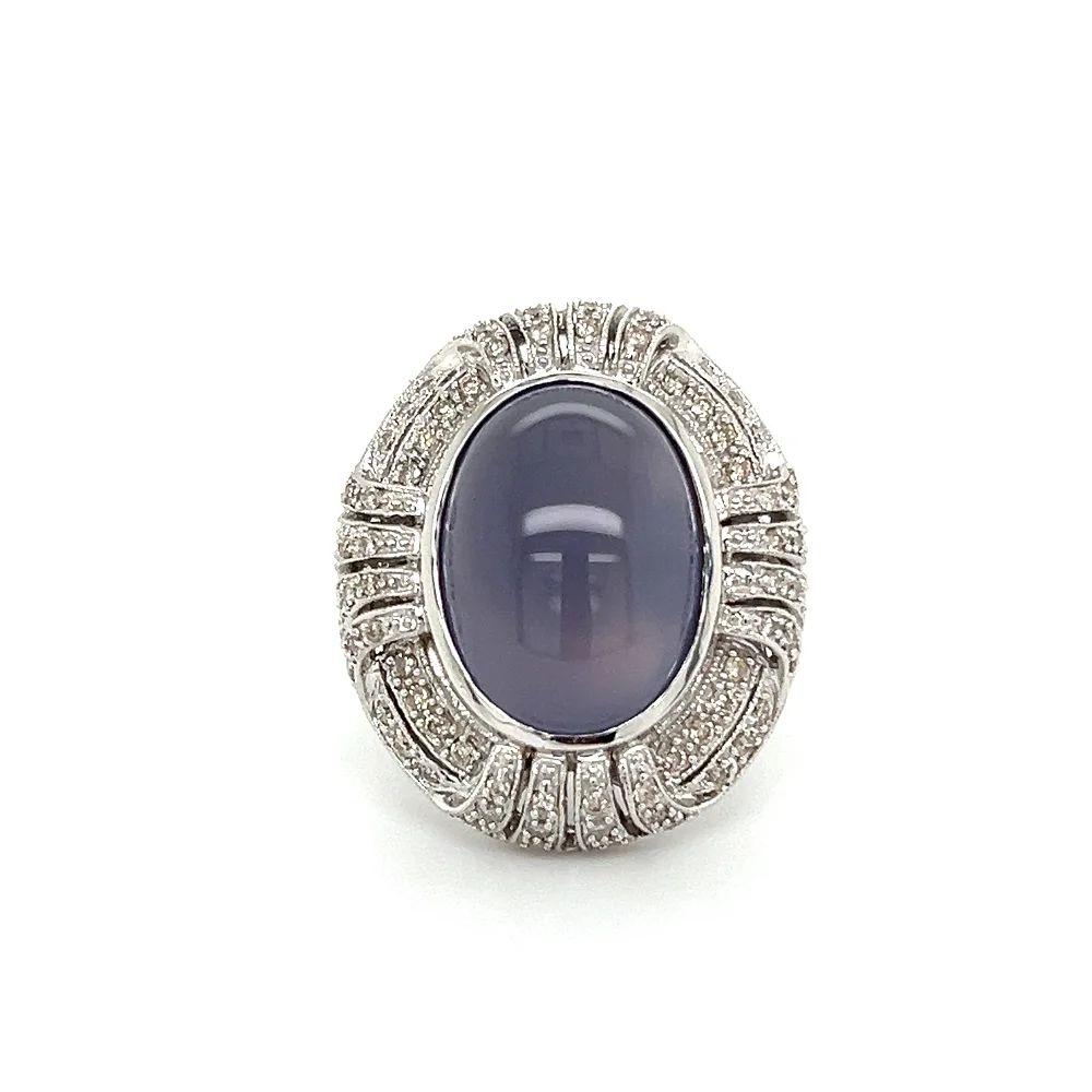 Mixed Cut Vintage 10 Carat Blue Chalcedony and Diamond Gold Cocktail Ring For Sale
