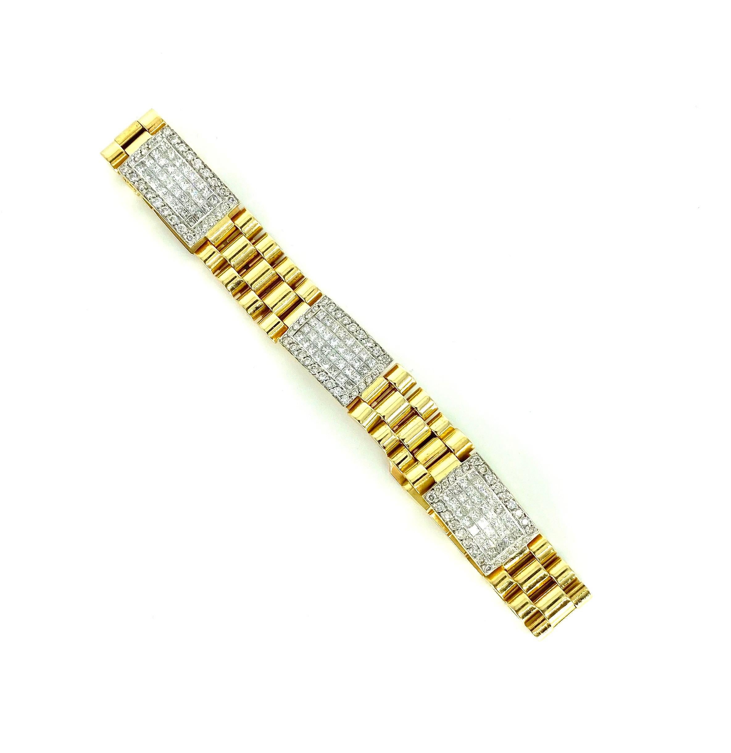 Bracelet à maillons président vintage en or 18 carats avec diamants de 10 carats de style Rolex Excellent état - En vente à Miami, FL