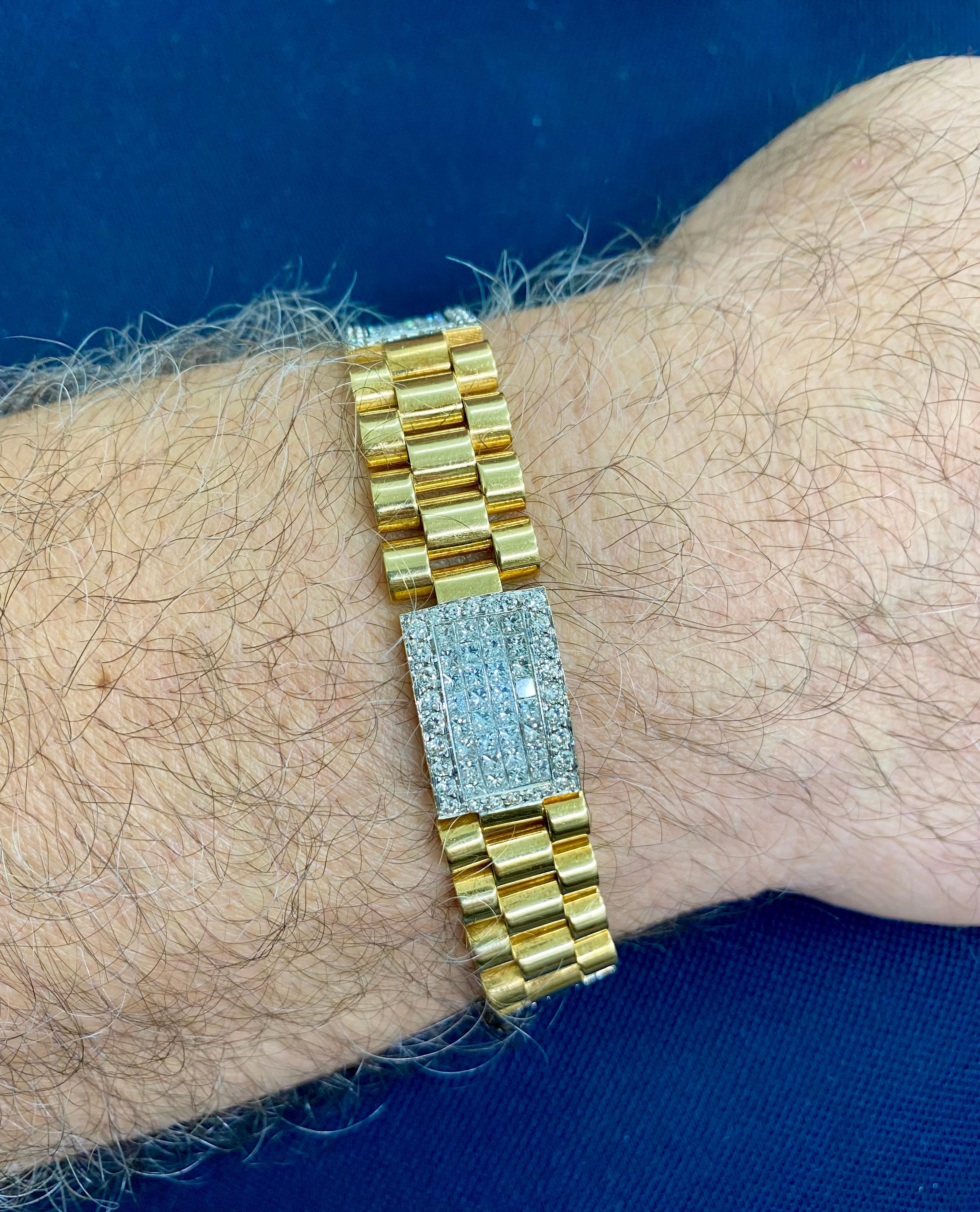 Princess Cut Vintage 10 Carat Diamonds Rolex Style President Link Bracelet 18k For Sale