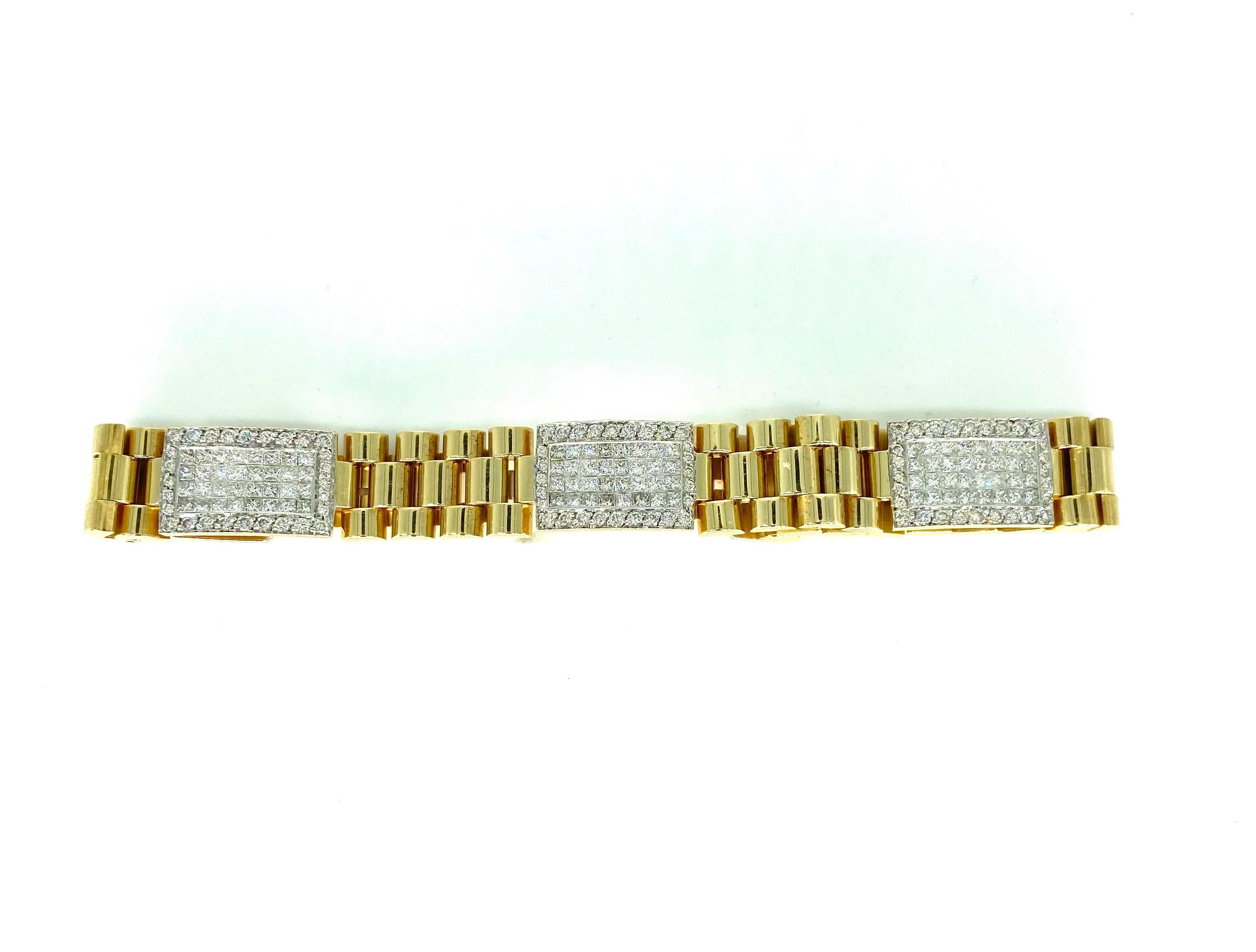 Vintage 10 Carat Diamonds Rolex Style President Link Bracelet 18k In Excellent Condition For Sale In Miami, FL