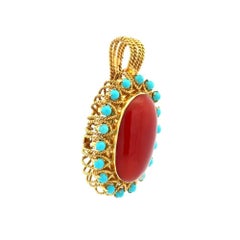 Vintage 10 Carat Oval Red Coral and Turquoise Gold 1960s Pendant