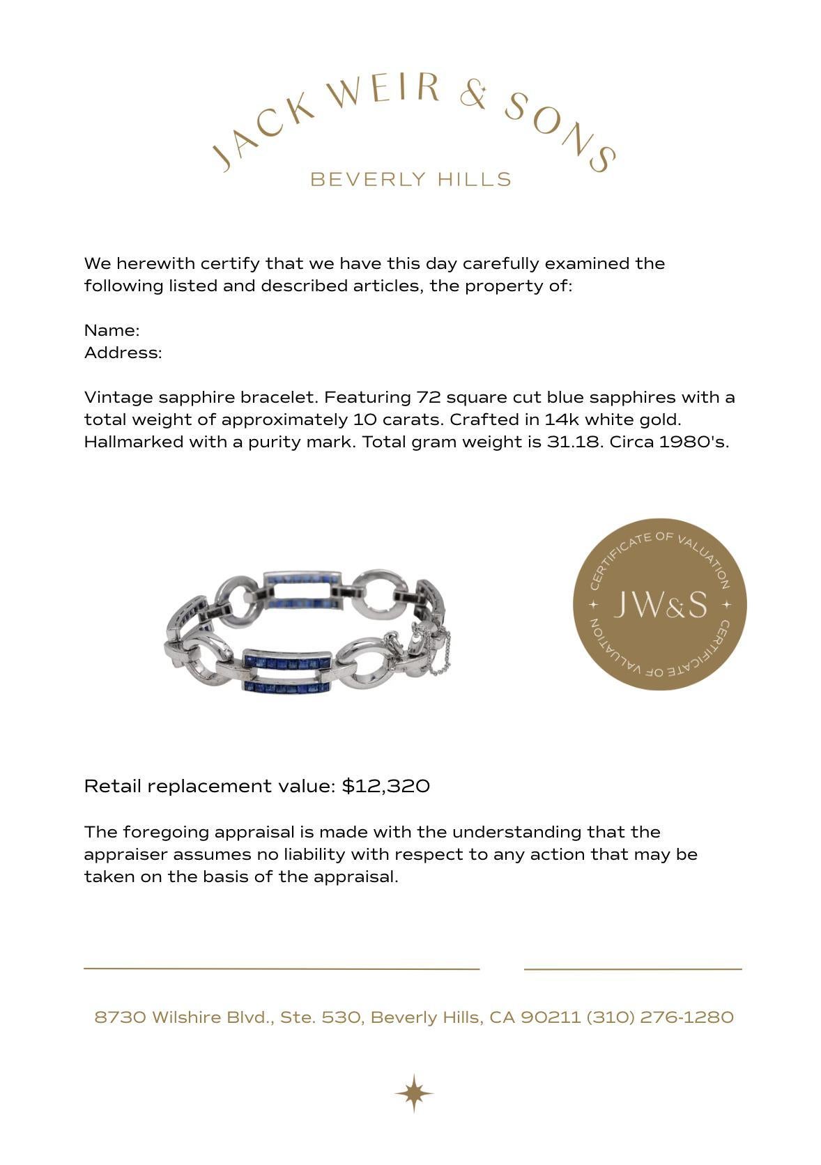 Women's Vintage 10 carat total weight sapphire 14k white gold bracelet For Sale