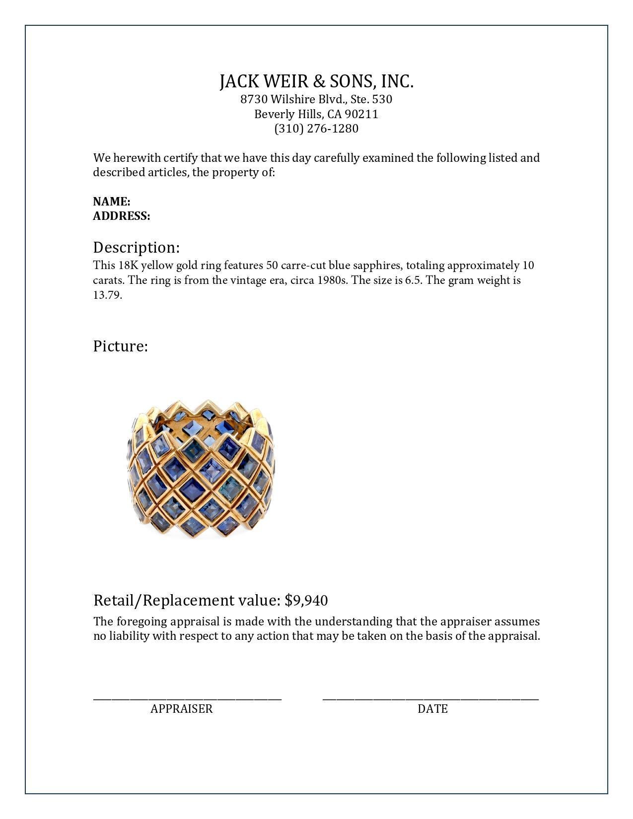 Vintage 10 Carats Carre Cut Sapphire 18K Yellow Gold Band In Excellent Condition In Beverly Hills, CA