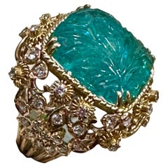 Vintage 10 Ct Natural Carved Emerald & 1 Ct Diamond Ring 14 Kt Yellow Gold