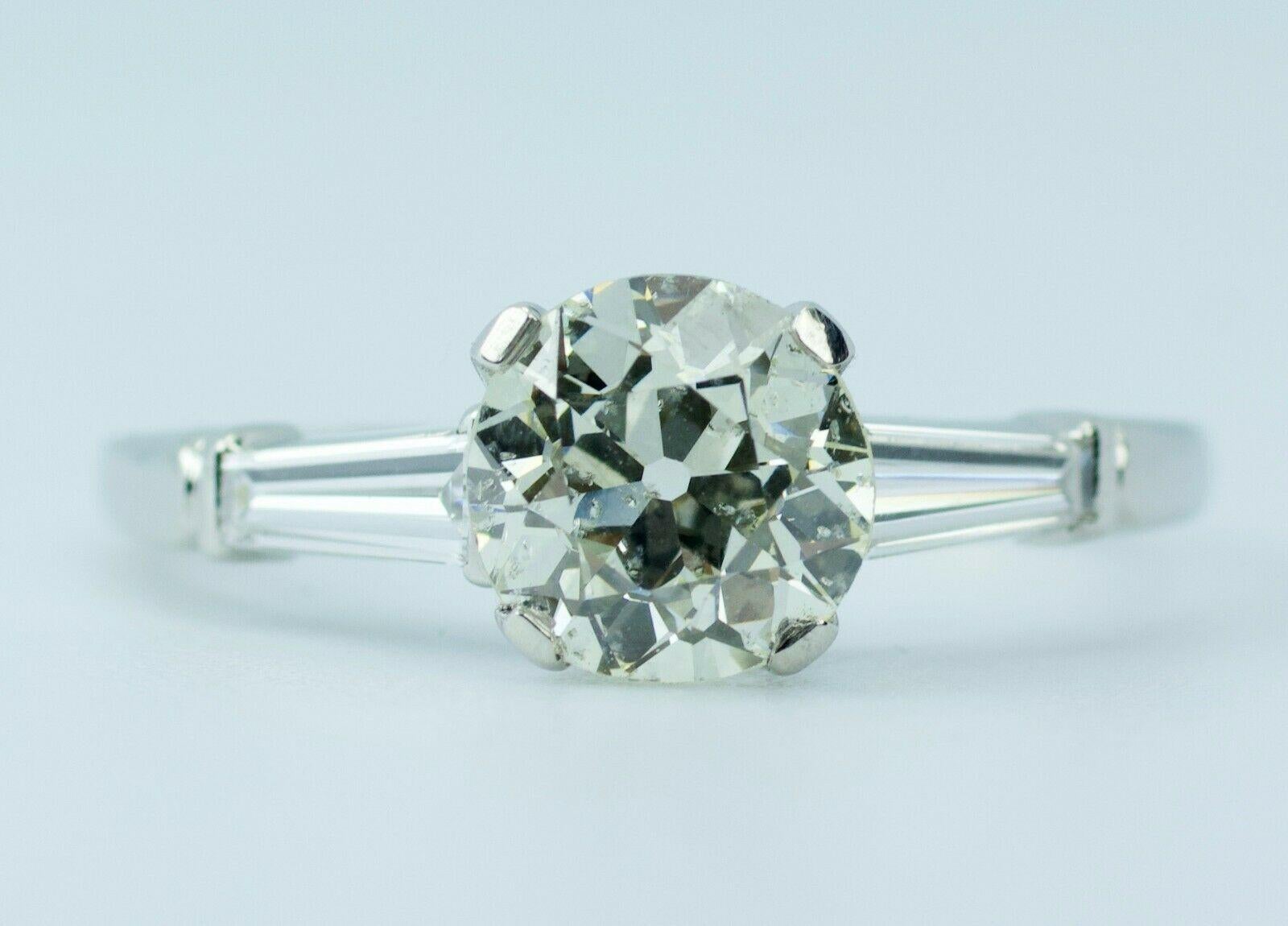 Women's or Men's Vintage 10% Irid 90% Plat European Cut Diamond with Baguette 3-Stone Ring