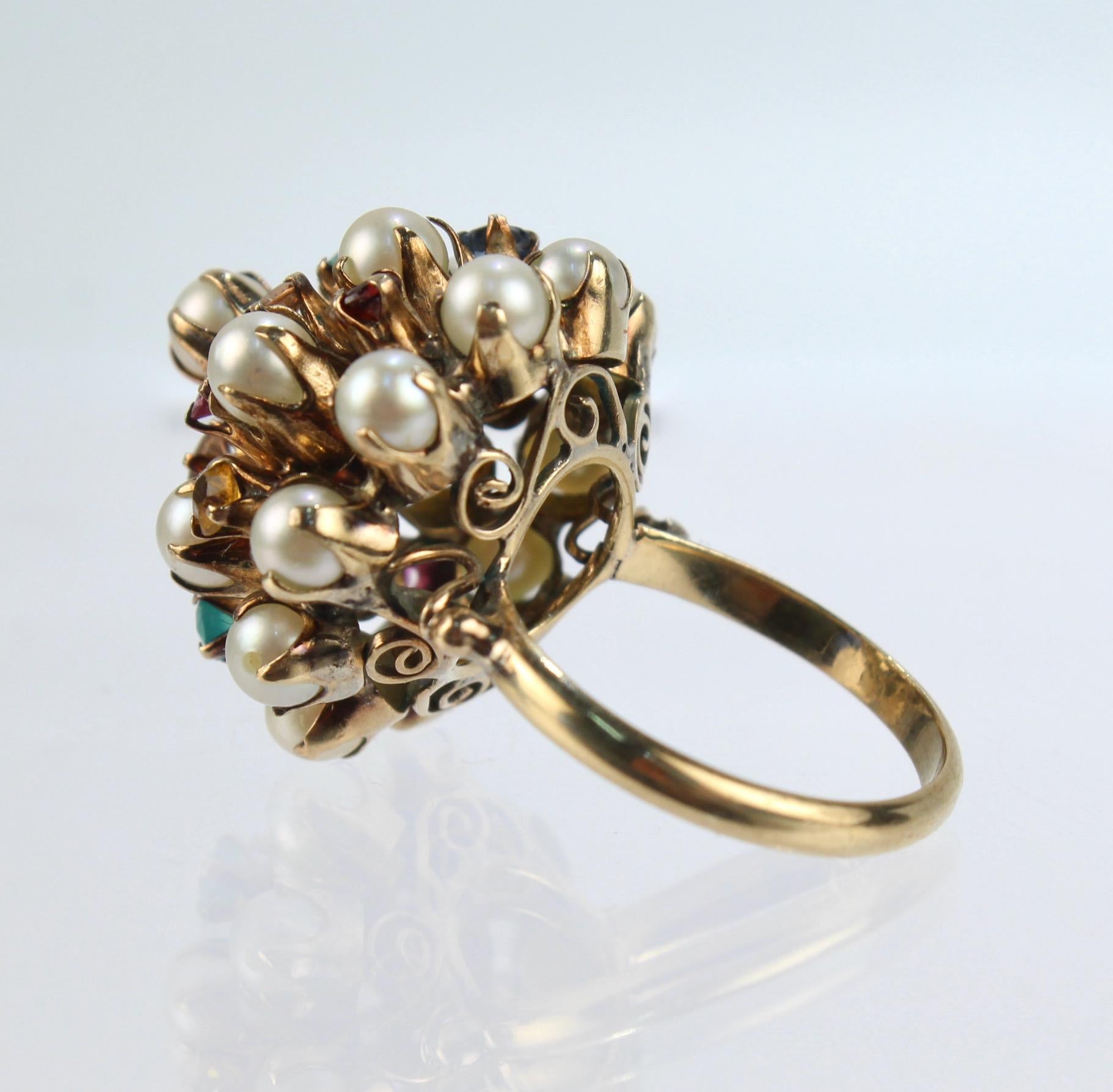Vintage 10 Karat Gold, Cultured Pearl & Multi-Gemstone Princess Harem Ring 1