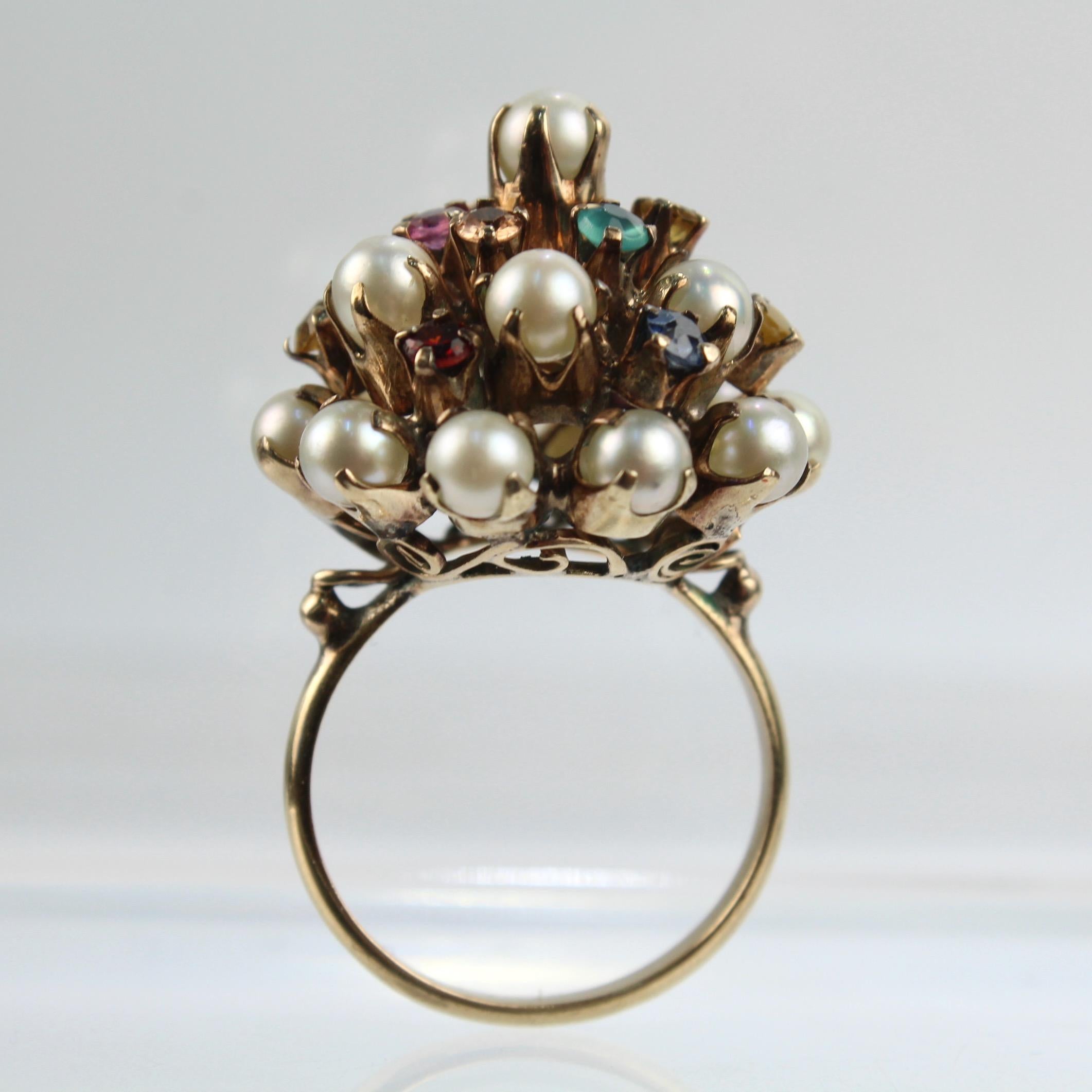 Vintage 10 Karat Gold, Cultured Pearl & Multi-Gemstone Princess Harem Ring 2