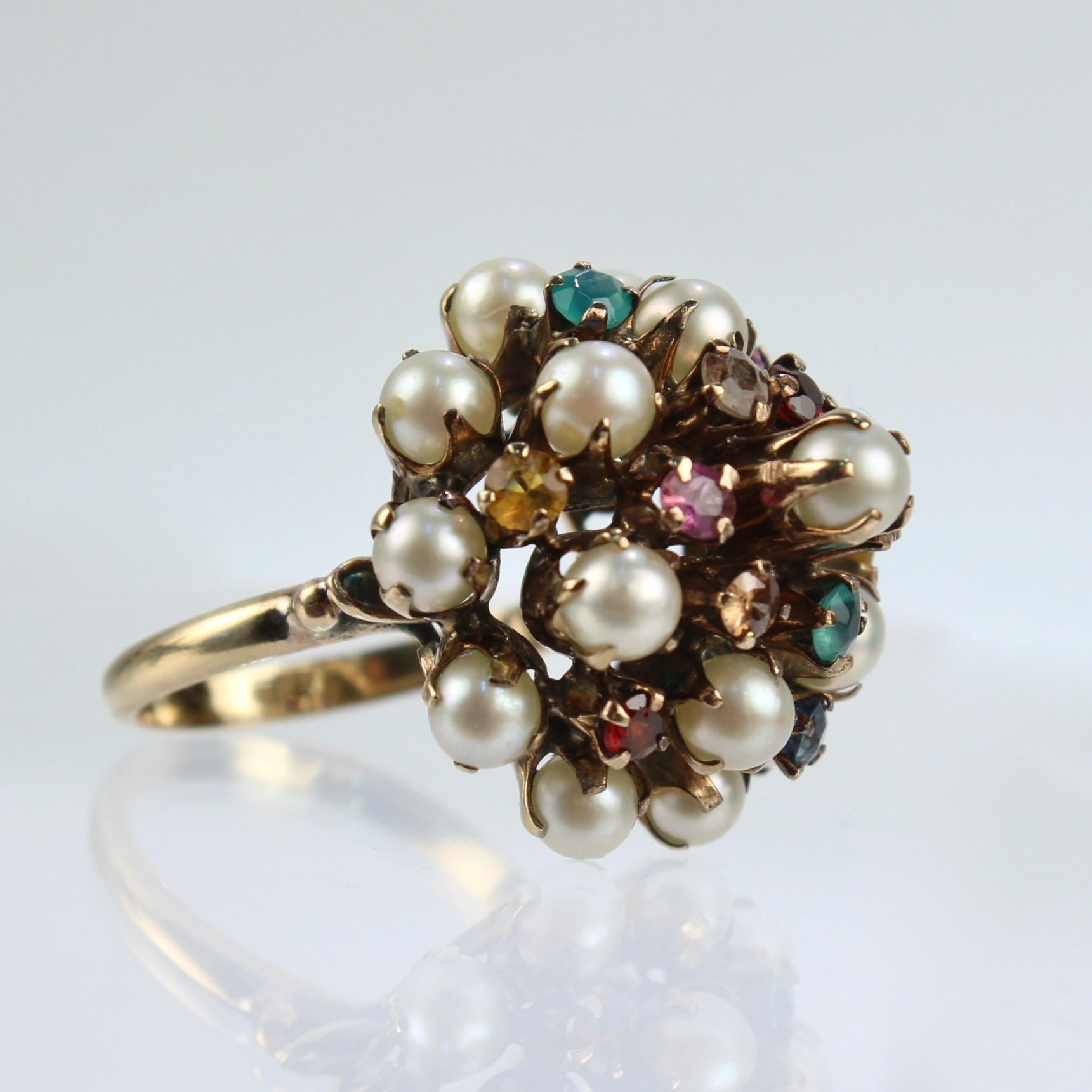 Anglo-Indian Vintage 10 Karat Gold, Cultured Pearl & Multi-Gemstone Princess Harem Ring