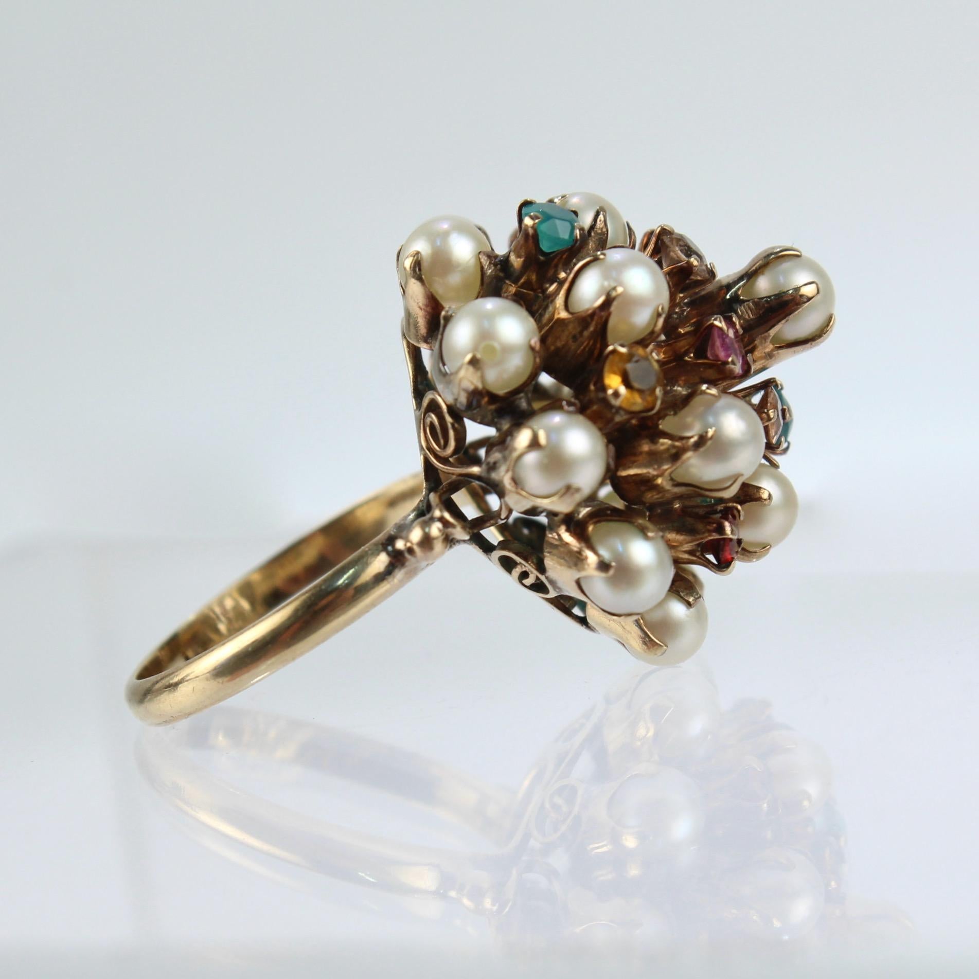 Round Cut Vintage 10 Karat Gold, Cultured Pearl & Multi-Gemstone Princess Harem Ring