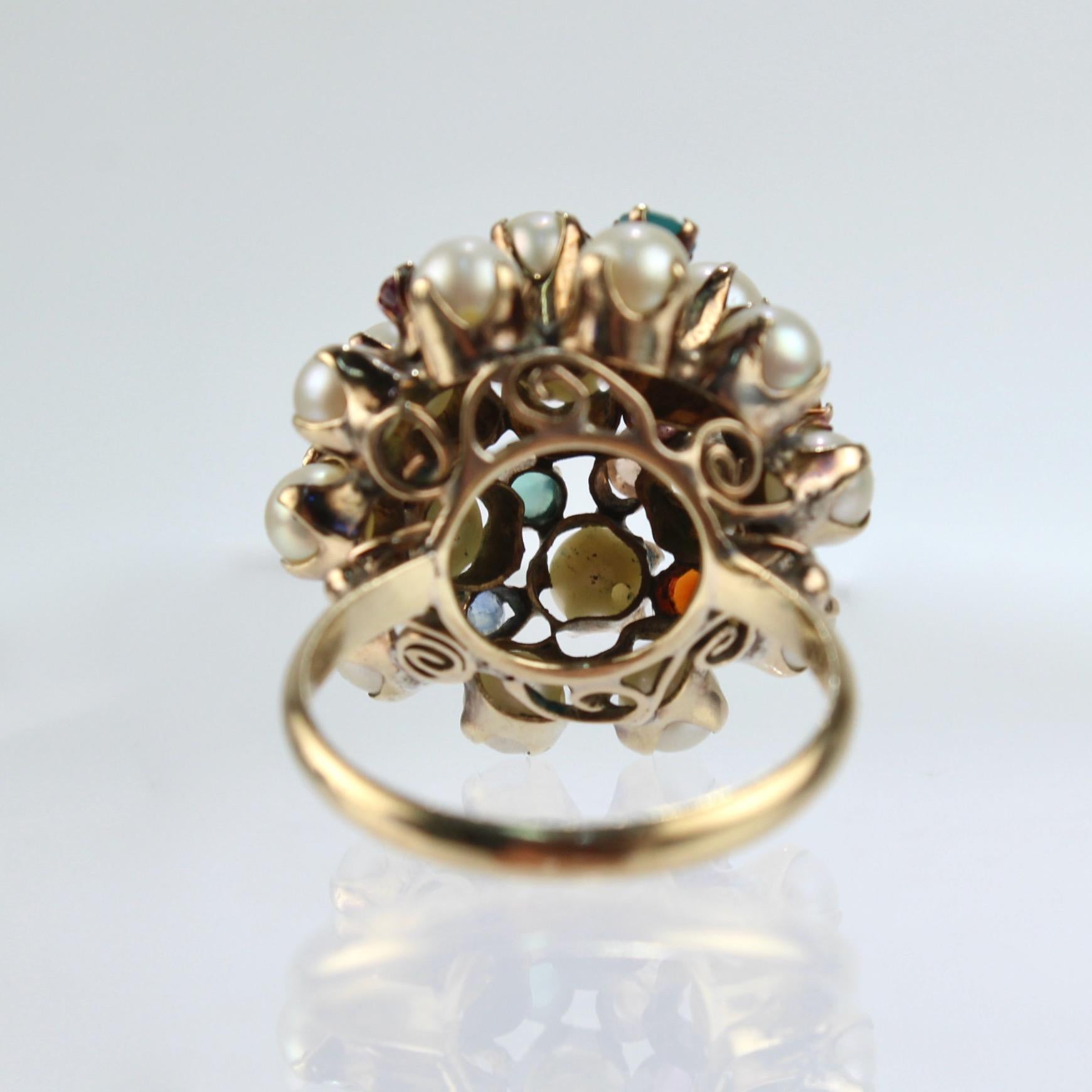 Vintage 10 Karat Gold, Cultured Pearl & Multi-Gemstone Princess Harem Ring In Good Condition In Philadelphia, PA
