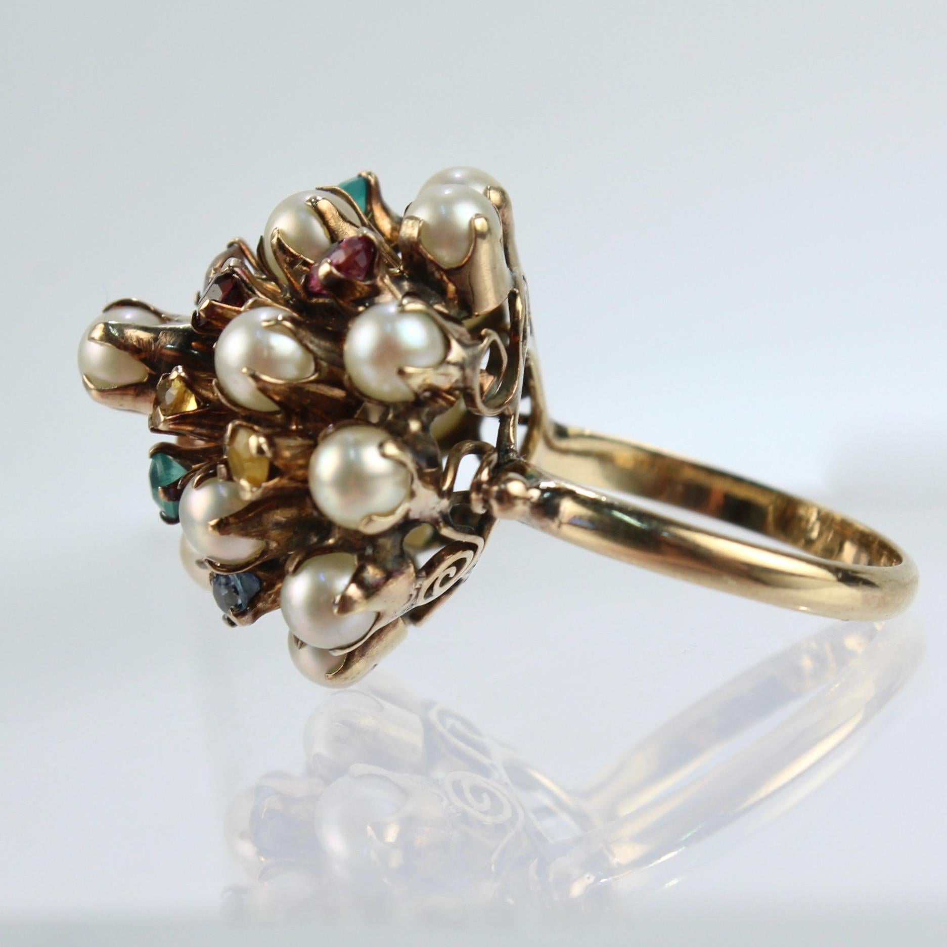 Women's Vintage 10 Karat Gold, Cultured Pearl & Multi-Gemstone Princess Harem Ring