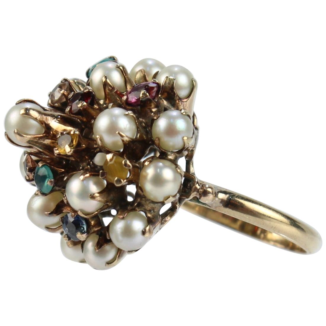 Vintage 10 Karat Gold, Cultured Pearl & Multi-Gemstone Princess Harem Ring