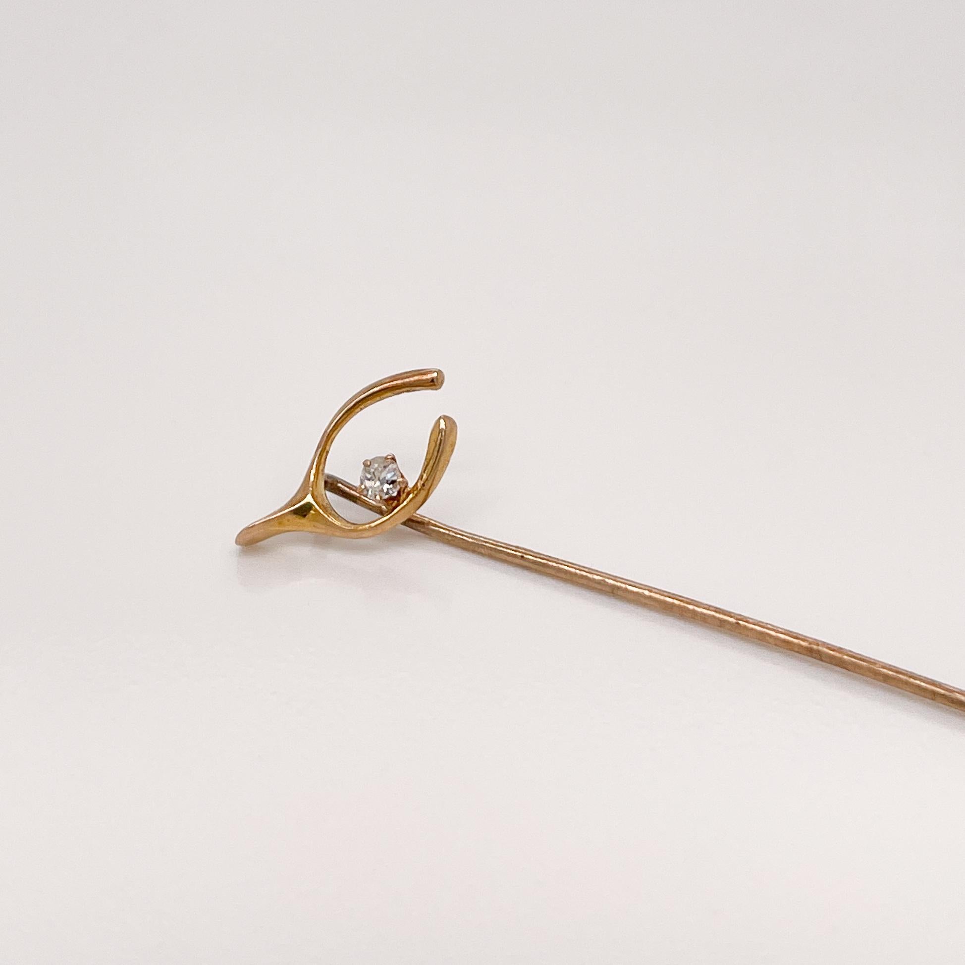 Round Cut Vintage 10 Karat Gold & Diamond Wishbone Stick Pin For Sale