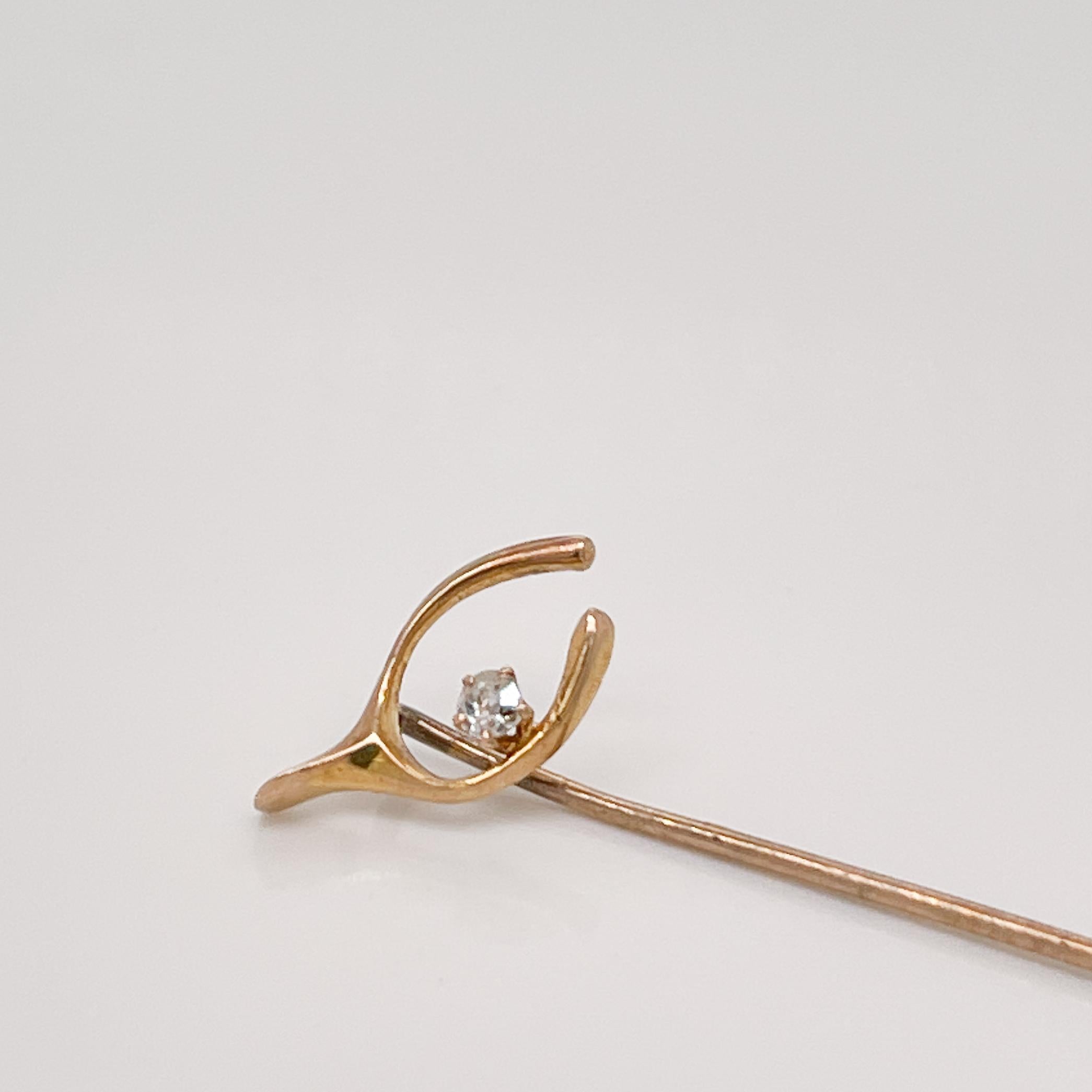 Vintage 10 Karat Gold & Diamond Wishbone Stick Pin In Good Condition For Sale In Philadelphia, PA