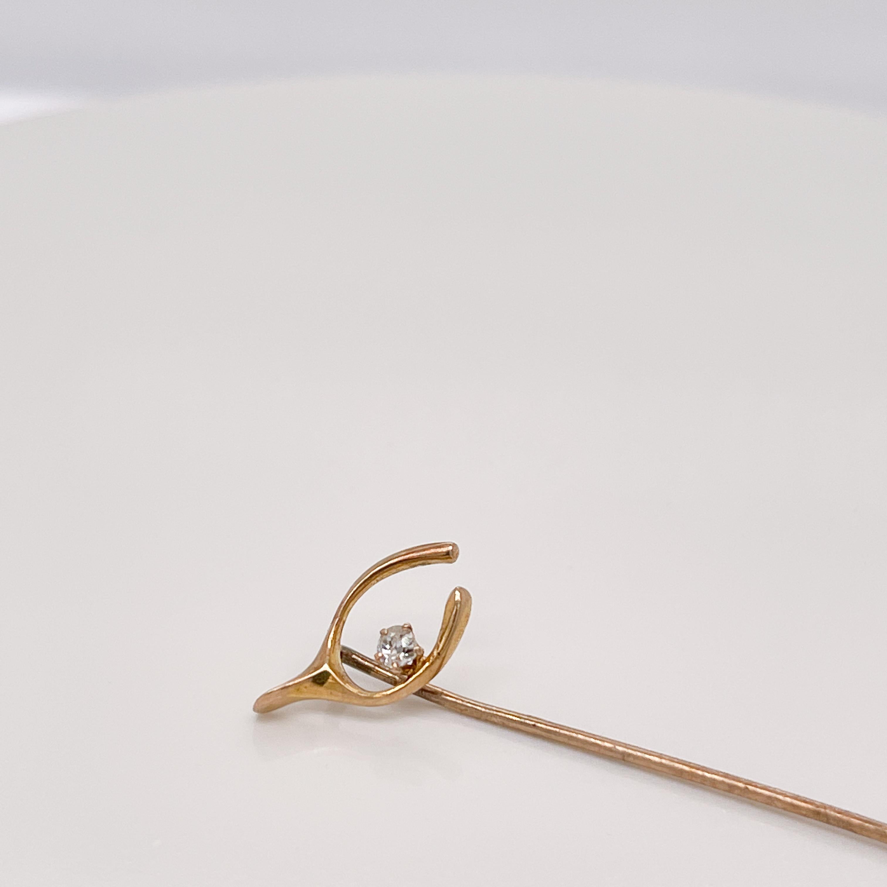 Women's or Men's Vintage 10 Karat Gold & Diamond Wishbone Stick Pin For Sale