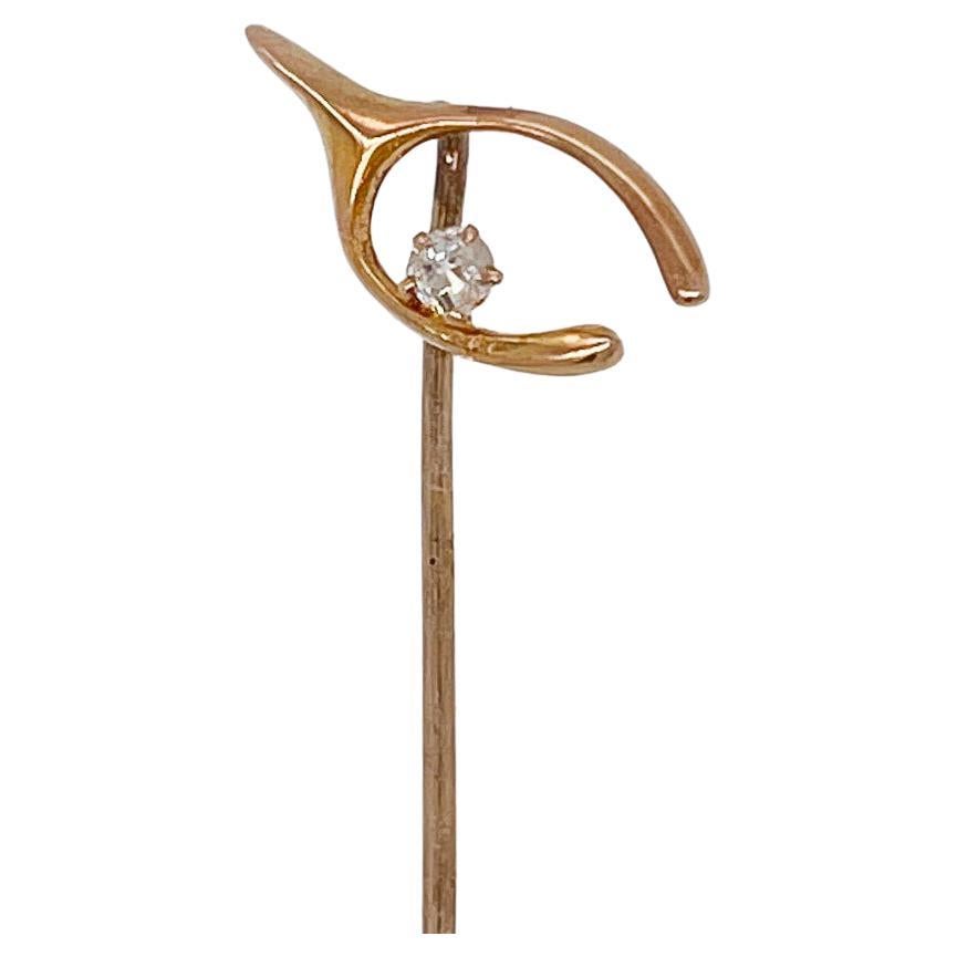 Vintage 10 Karat Gold & Diamond Wishbone Stick Pin For Sale