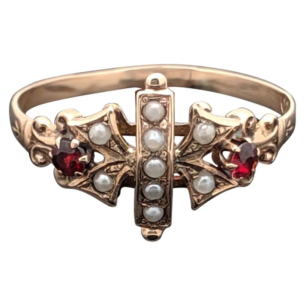 Vintage 10 Karat Rose Gold Ruby and Pearl Ring Etruscan Style For Sale