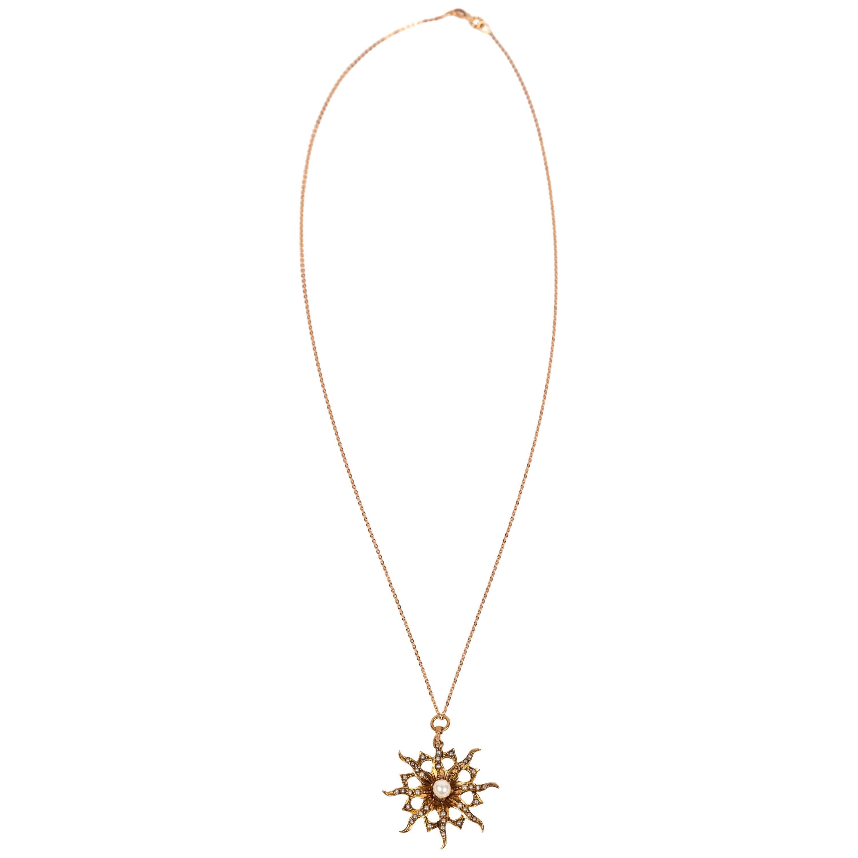 Vintage 10 Karat Rose Gold Starburst Pendant with Seed Pearls