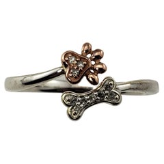 Vintage 10 Karat White and Rose Gold and Diamond Dog Paw and Bone Ring