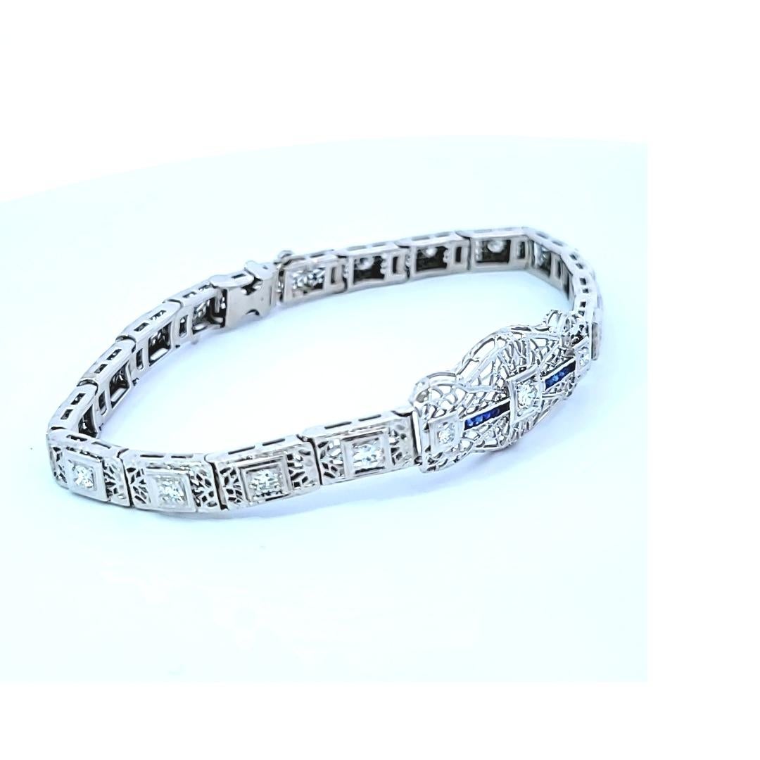 Vintage By 10 Karat Weißgold Diamant Synthetischer Saphir Armband (Rundschliff) im Angebot