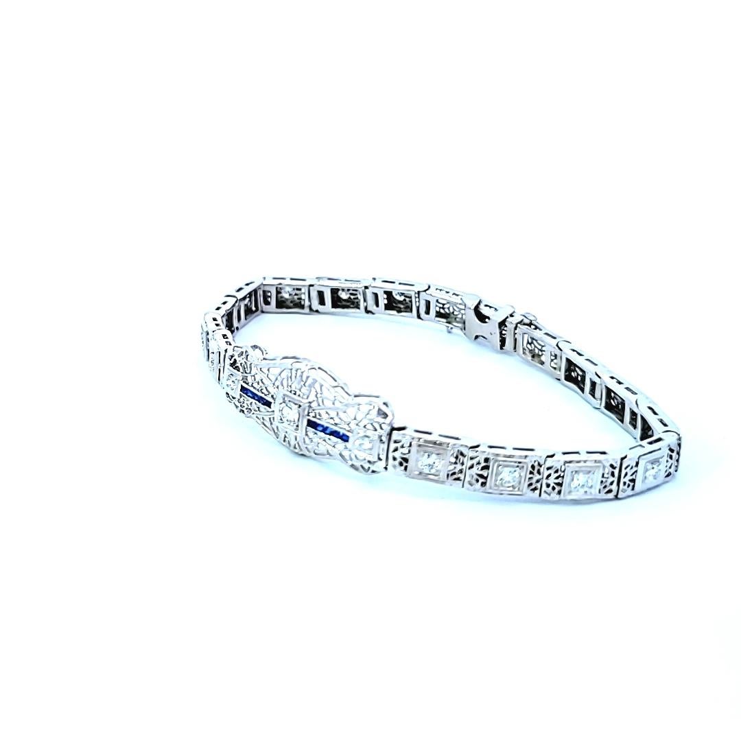 Vintage By 10 Karat Weißgold Diamant Synthetischer Saphir Armband für Damen oder Herren im Angebot