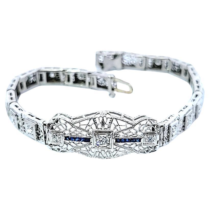 Bracciale vintage in oro bianco 10 carati con diamanti e zaffiri sintetici