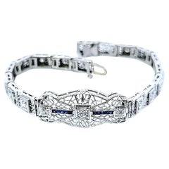 Vintage 10 Karat White Gold Diamond Synthetic Sapphire Bracelet