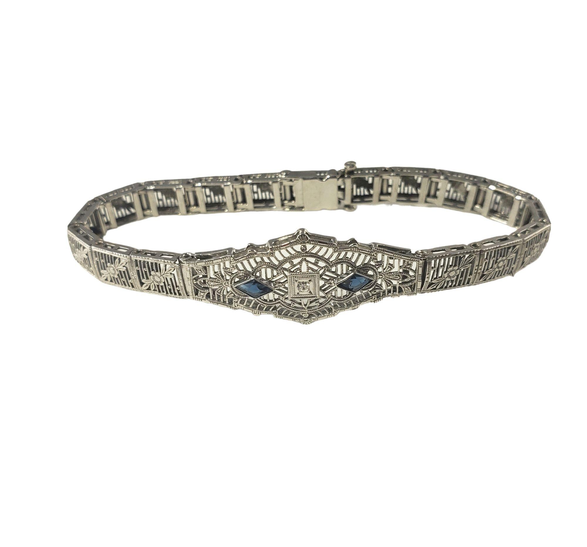 Vintage 10 Karat White Gold Filigree Diamond Blue Glass Bracelet #14747 In Good Condition For Sale In Washington Depot, CT