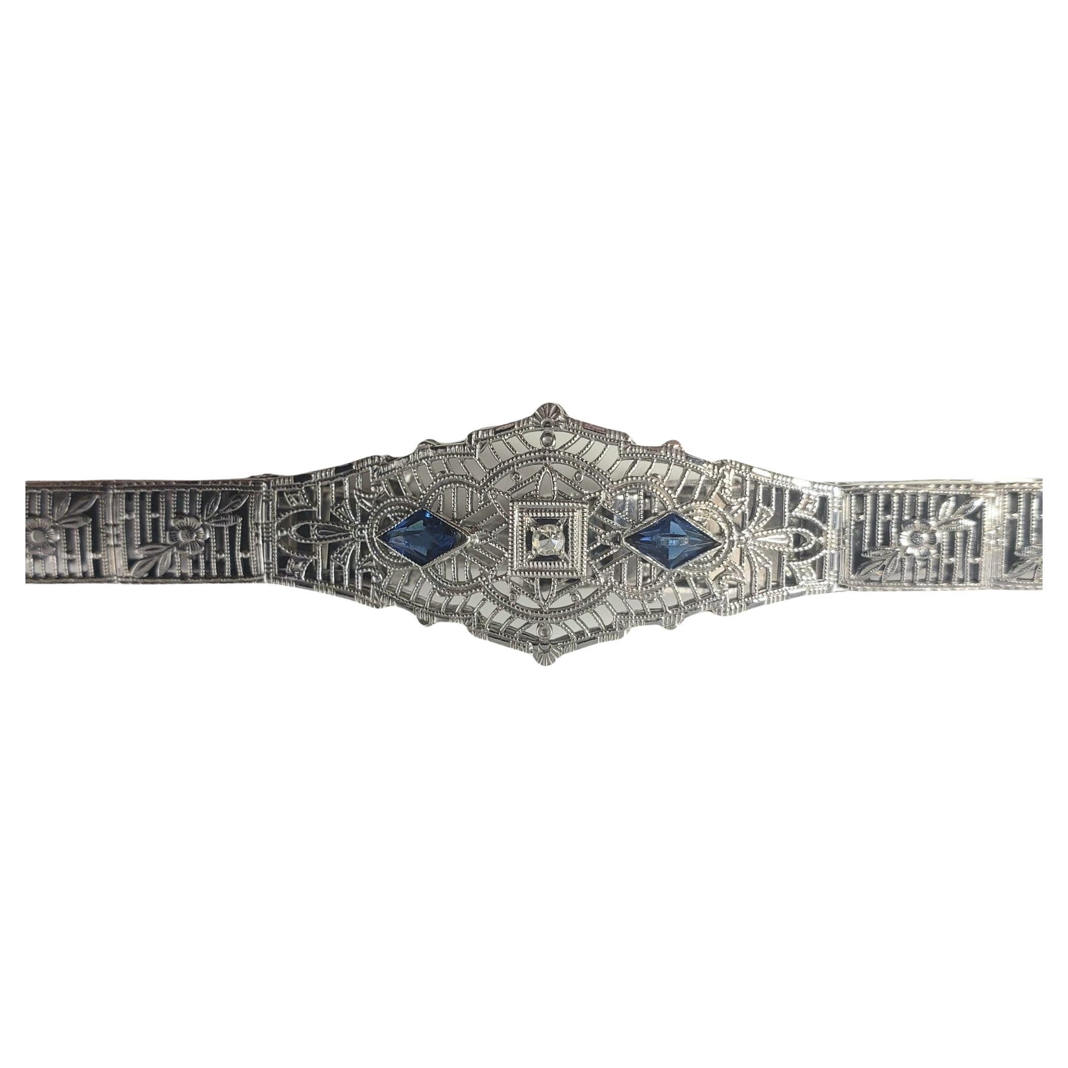 Vintage 10 Karat White Gold Filigree Diamond Blue Glass Bracelet #14747 For Sale