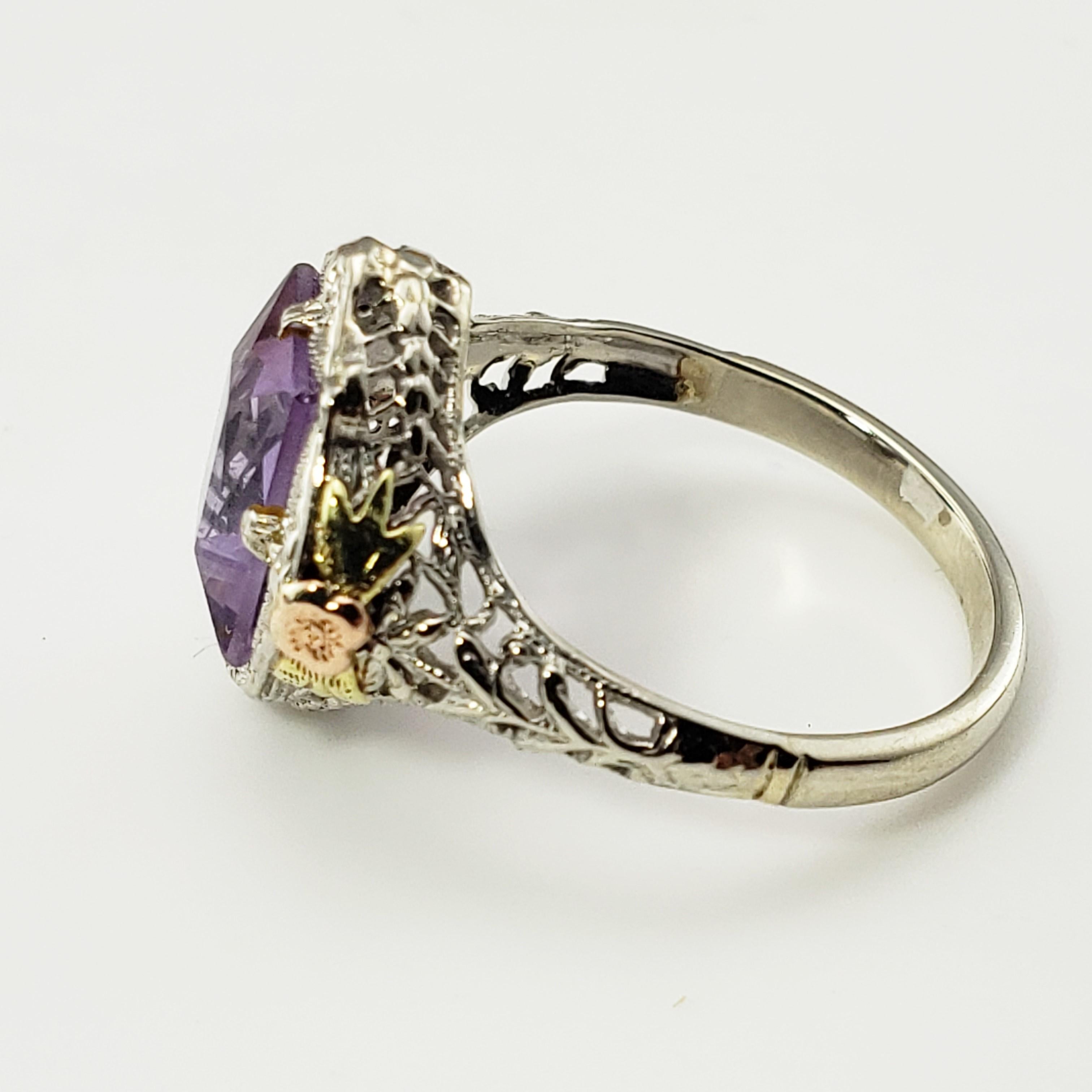 Square Cut 10 Karat White, Rose and Yellow Gold Amethyst Ring For Sale