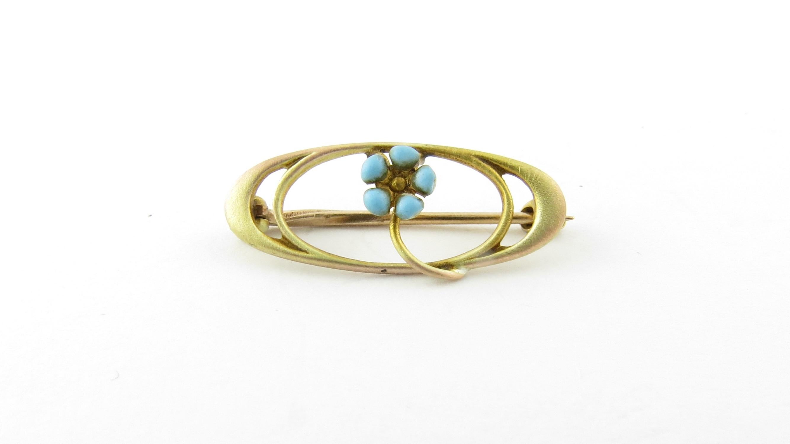 Vintage 10 Karat Yellow Gold and Enamel Brooch/Pendant.

This lovely brooch features a delicate blue enamel flower set in beautifully detailed 10K yellow gold.

Size: 9 mm x 23 mm

Weight: 0.7 dwt. / 1.1 gr.

Stamped: 10K

Very good condition,