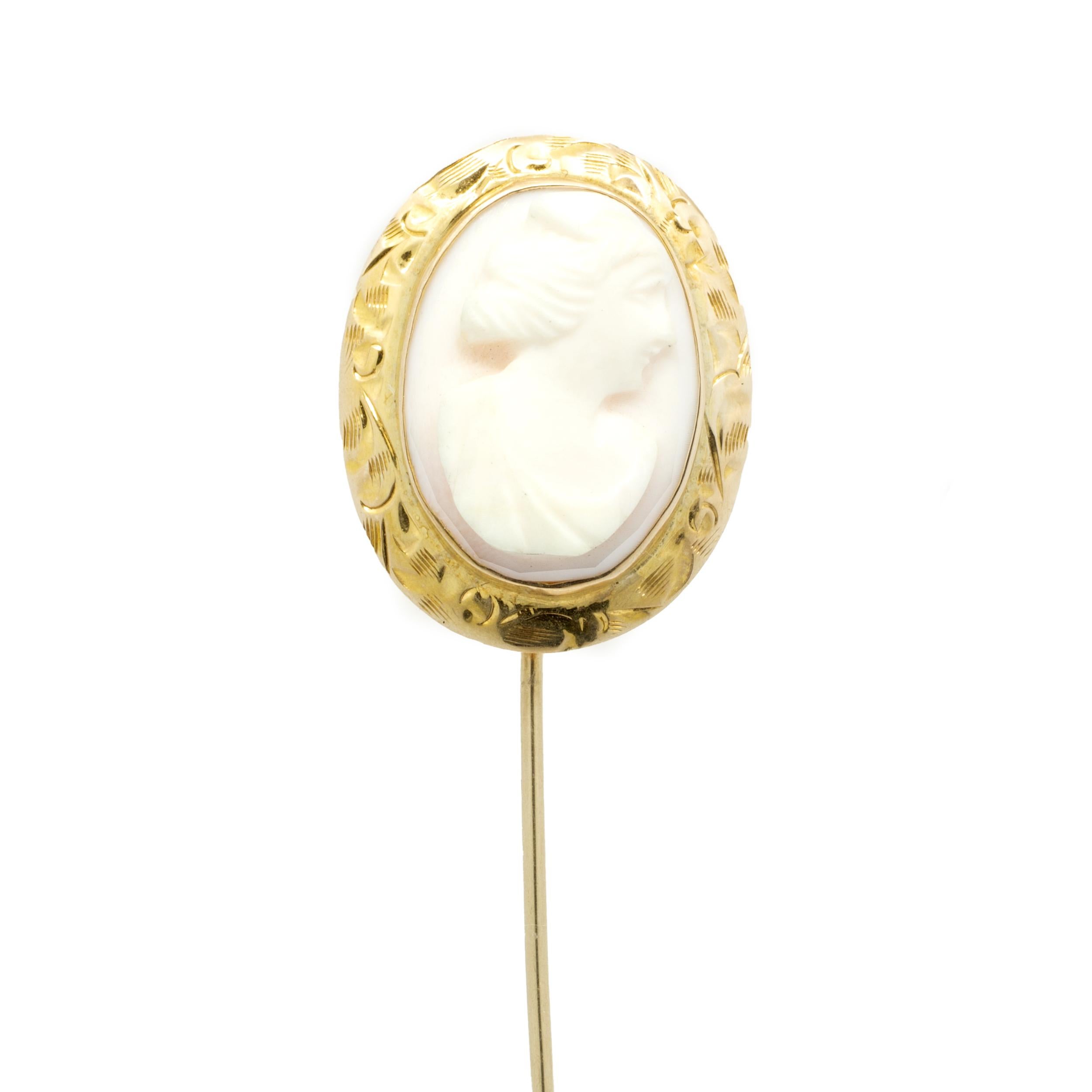 Designer: custom
Material: 10K yellow gold
Dimensions: cameo is approximately 22mm X 17.3mm
Weight: 2.51 grams

