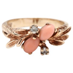 Vintage 10 Karat Yellow Gold, Coral and Colorless Stone Floral Ring