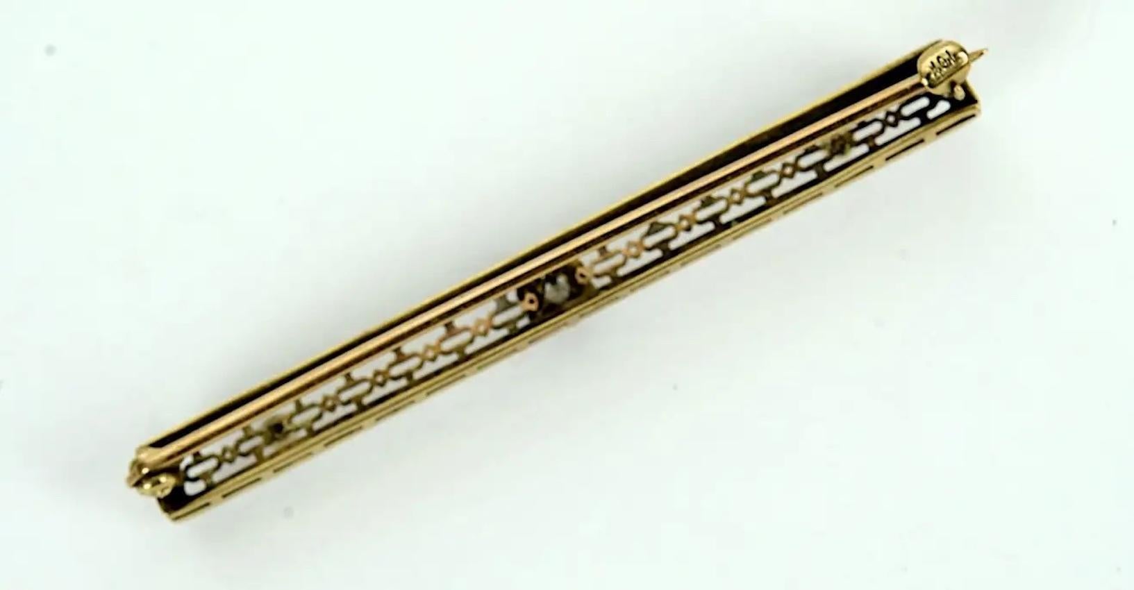 Round Cut Vintage 10 Karat Yellow Gold, Diamond and Seed Pearl Bar Pin or Brooch For Sale