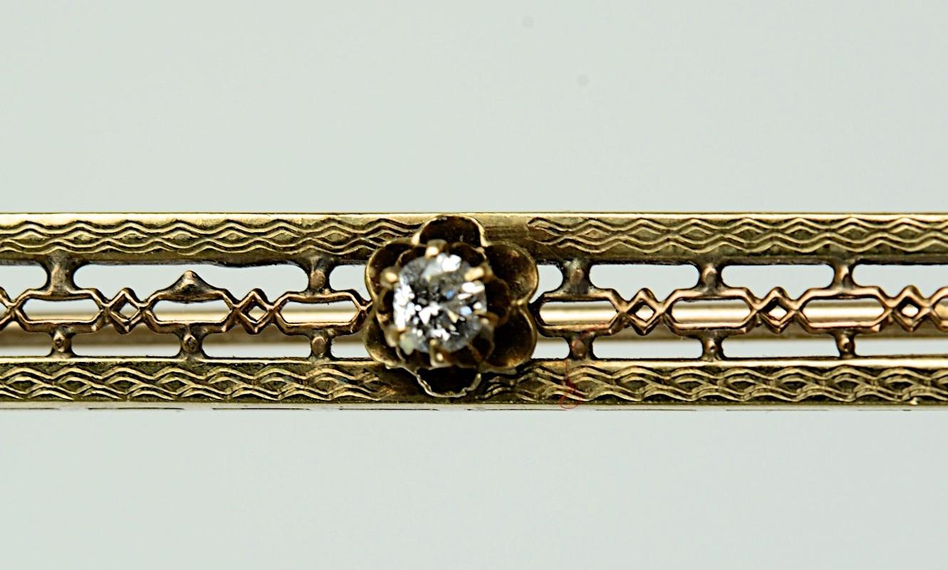 Women's Vintage 10 Karat Yellow Gold, Diamond and Seed Pearl Bar Pin or Brooch