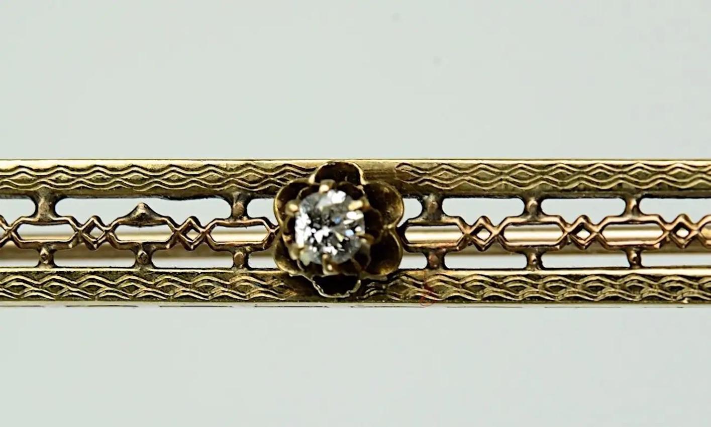 Women's Vintage 10 Karat Yellow Gold, Diamond and Seed Pearl Bar Pin or Brooch For Sale